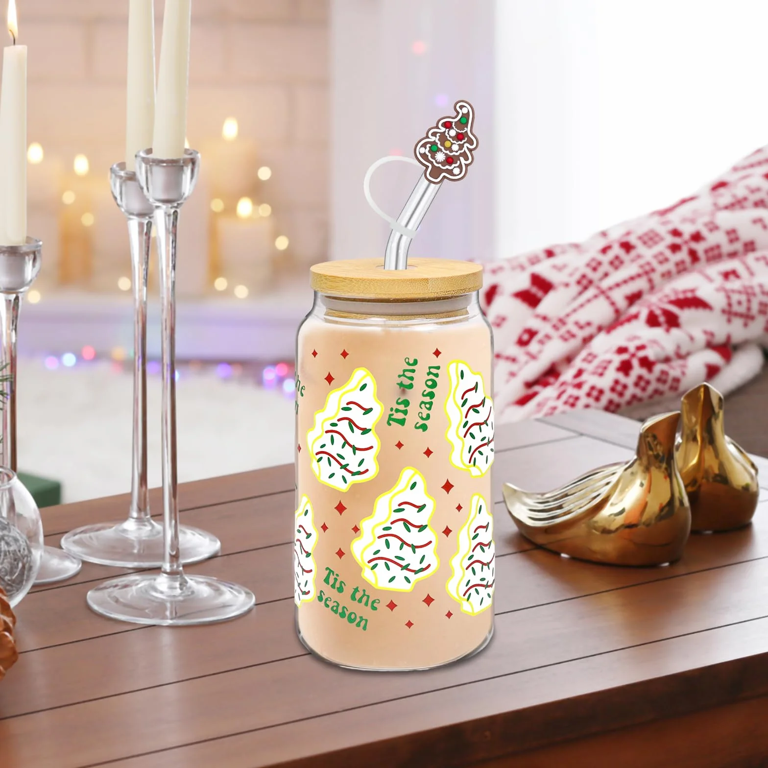 Kieliszki na Boże Narodzenie, 500 ml, szklane kubki z pokrywką i słomką, szklanki bożonarodzeniowe, szklanka na Boże Narodzenie, ze szklaną słomką, nadają się do kawy, napojów, soków