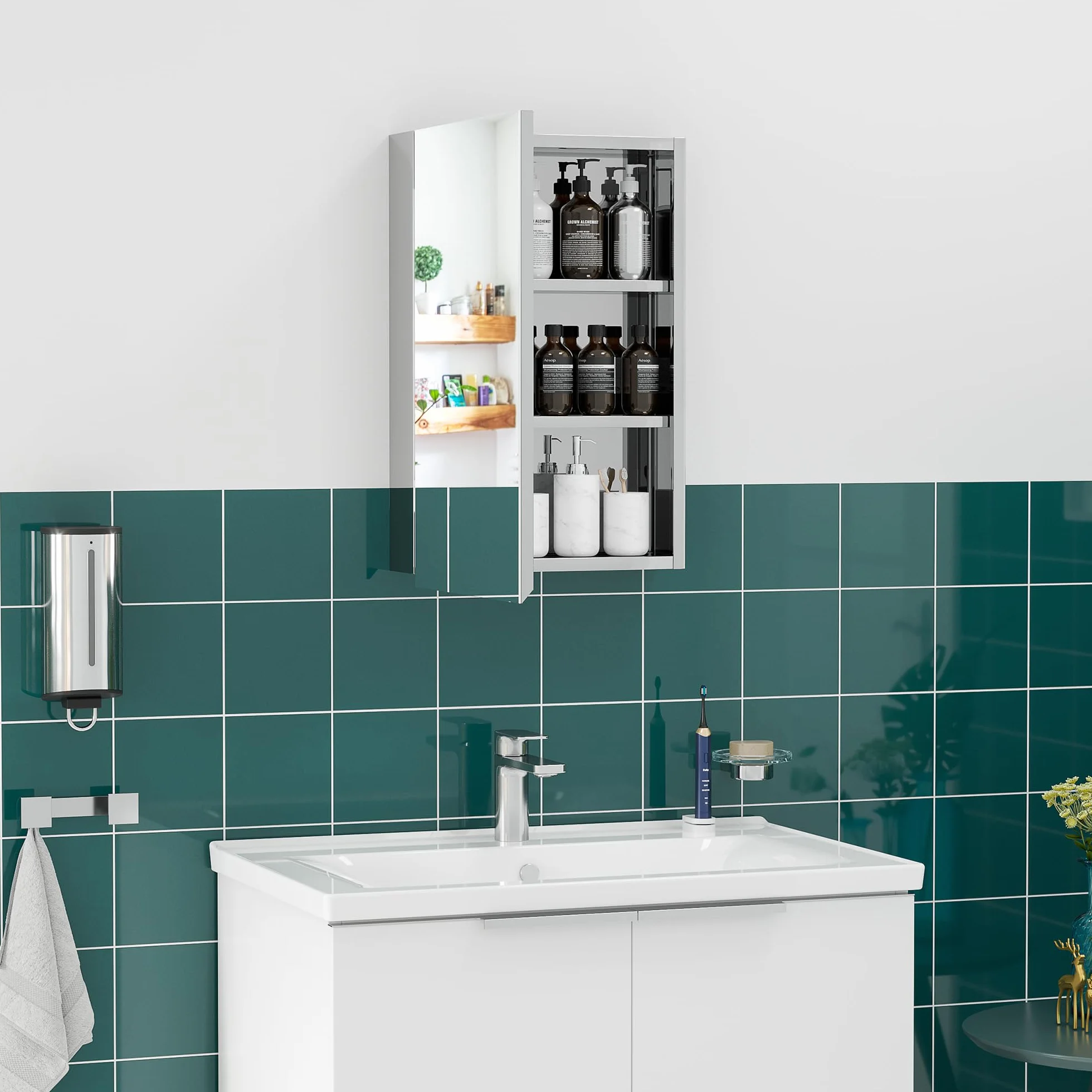 kleankin Szafka łazienkowa z lustrem ze stali nierdzewnej Szafka ścienna z 1 lustrem i 2 półkami dim. 39 l x 12 l x 60 H cm