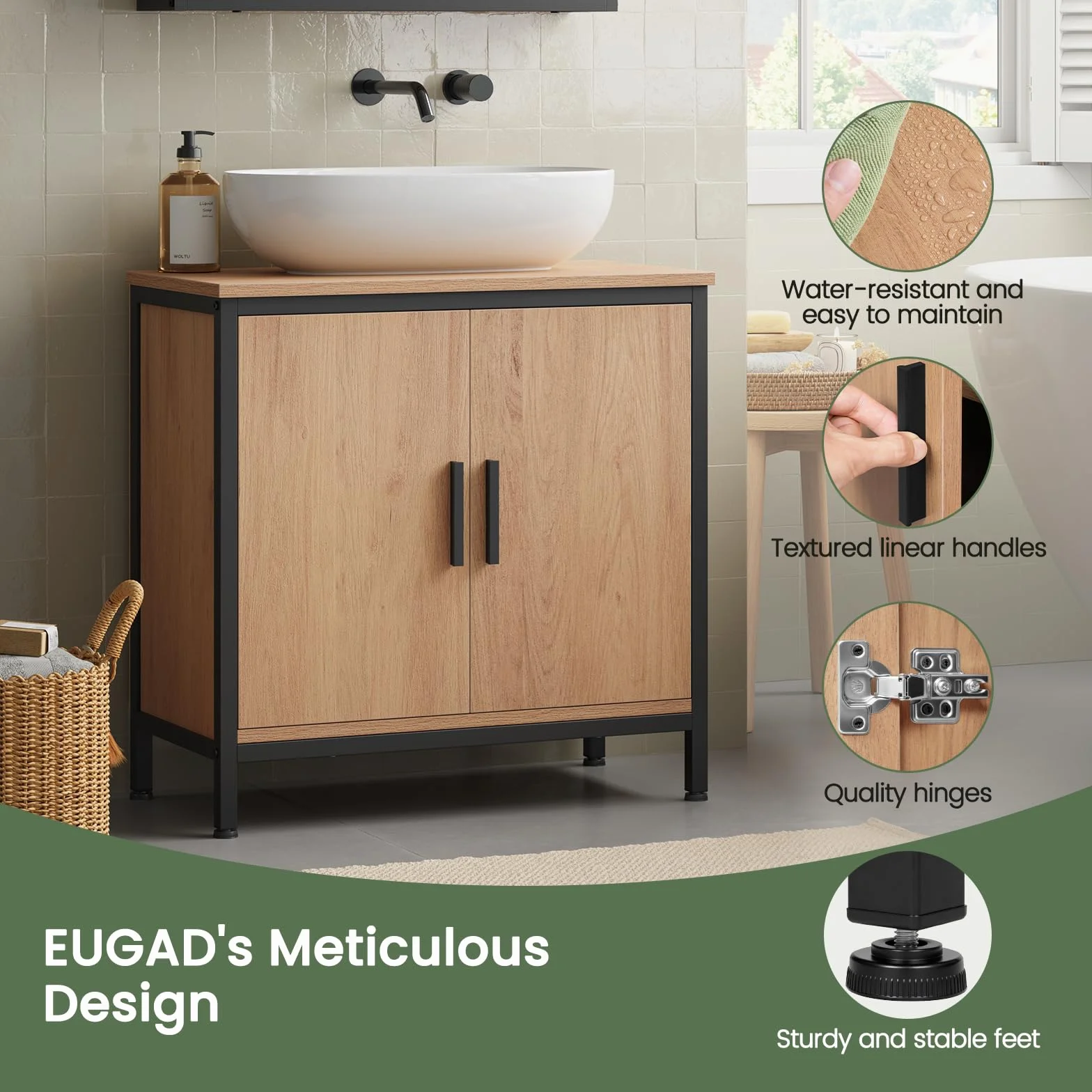 EUGAD Szafka pod umywalkę 60 x 60 x 30 cm, Szafka łazienkowa z regulowaną w wysokości przegrodą, Mała szafka łazienkowa wykonana z materiału drewnianego, Czarna