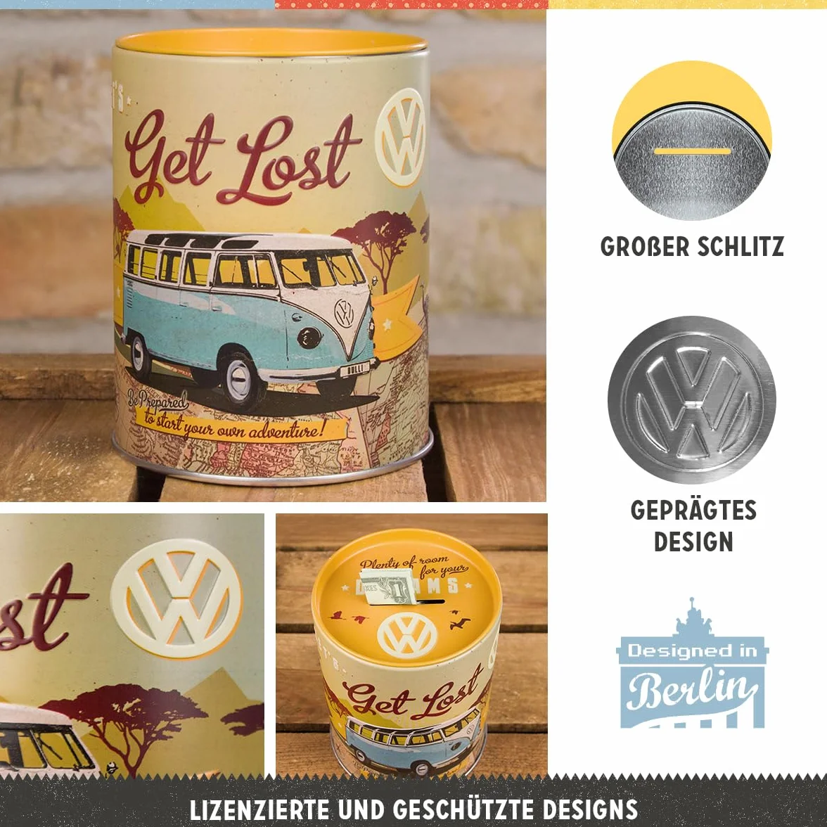 Nostalgic-Art Retro skarbonka, 1 l, VW Bulli – Let's Get Lost – Pomysł na prezent dla miłośnika Volkswagena Busa, Official License Product (OLP), metalowa skarbonka, Styl vintage