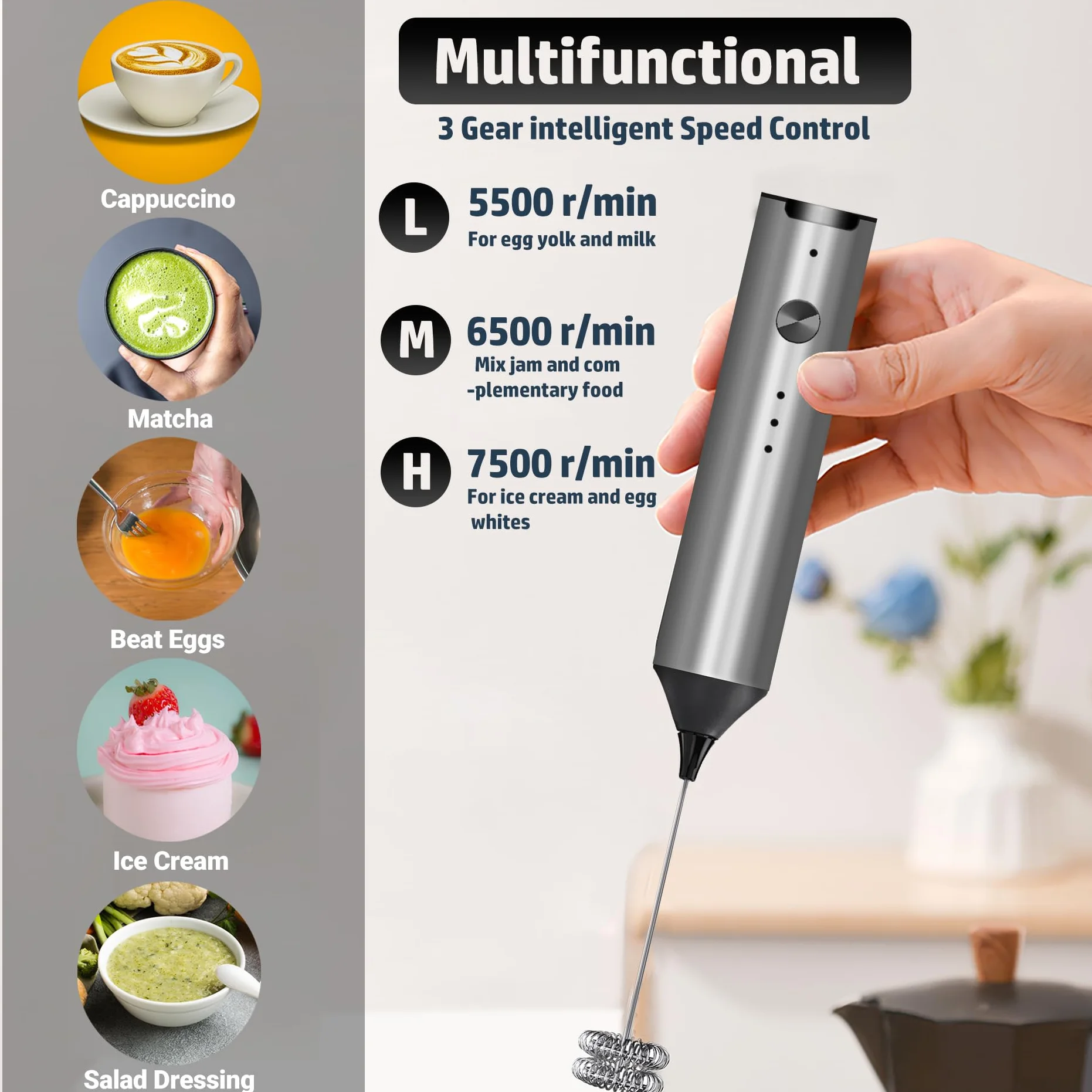Ręczny spieniacz do mleka, akumulatorowy blender elektryczny typu C Spieniacz do kawy, 3 prędkości mieszania Mini spieniacz do mleka Blender do napojów z 2 wiskerami do kawy Matcha Smoothie Latte