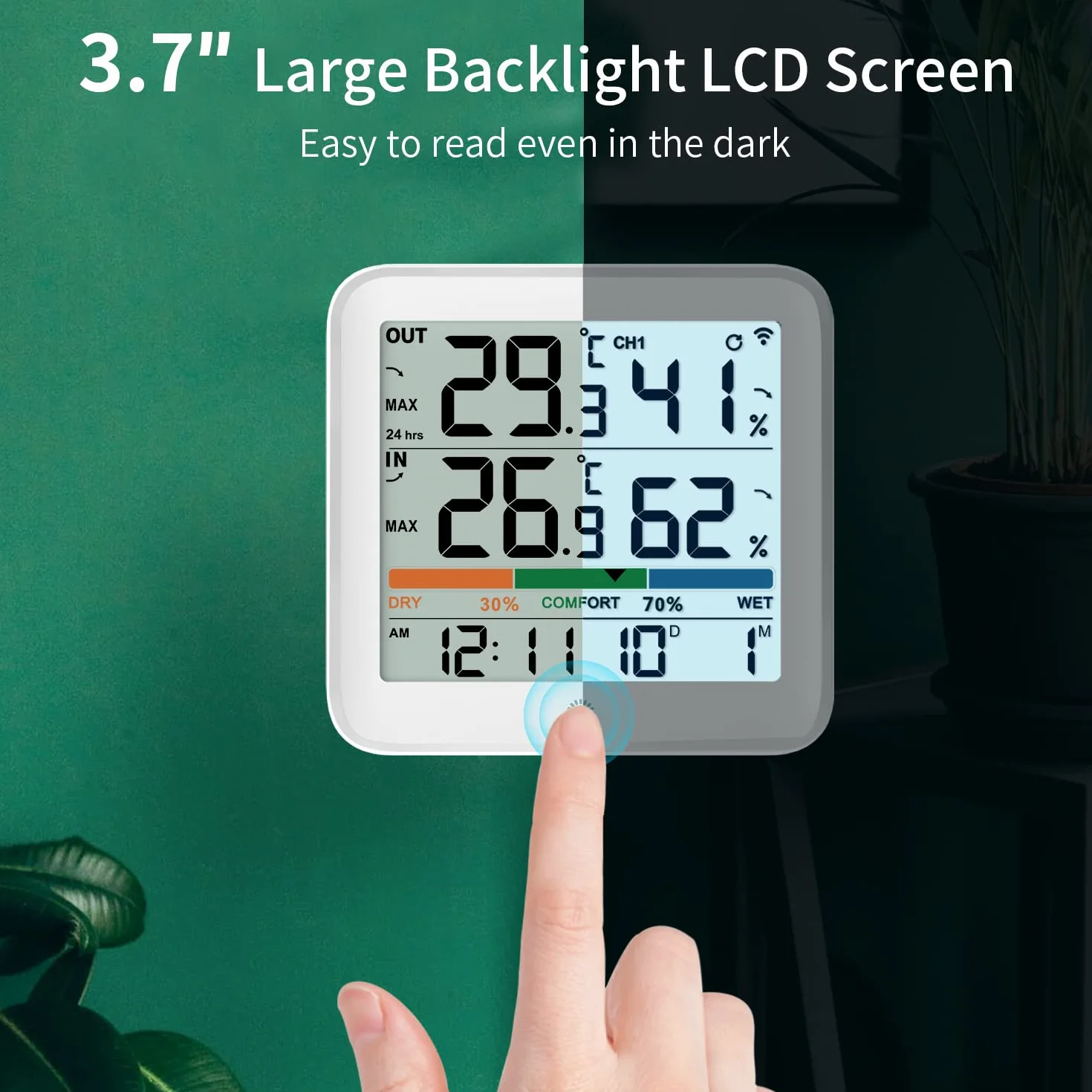 VOCOO Wireless Thermometer Indoor Outdoor Hygrometer with 1 Remote Sensors,Digital Humidity Temperature Gauge Meter Monitor with Backlit Clock Min/Max Value, ℉/℃ Air Indicator for Home, Greenhouse