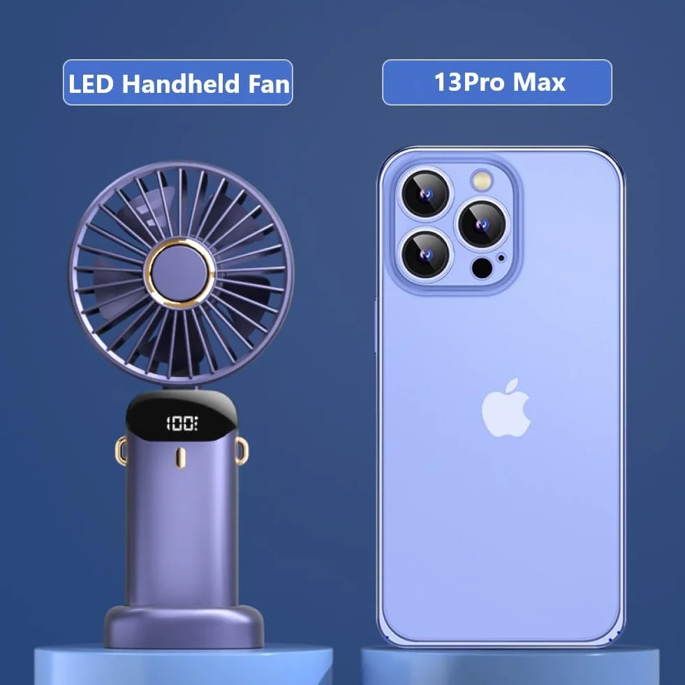 Przenośny wentylator ręczny, osobisty wentylator ładowany przez USB, 4800 mAh, składany mini wentylator biurkowy 90°, z cyfrowym wyświetlaczem LED, 5 prędkości, wielofunkcyjny wentylator do