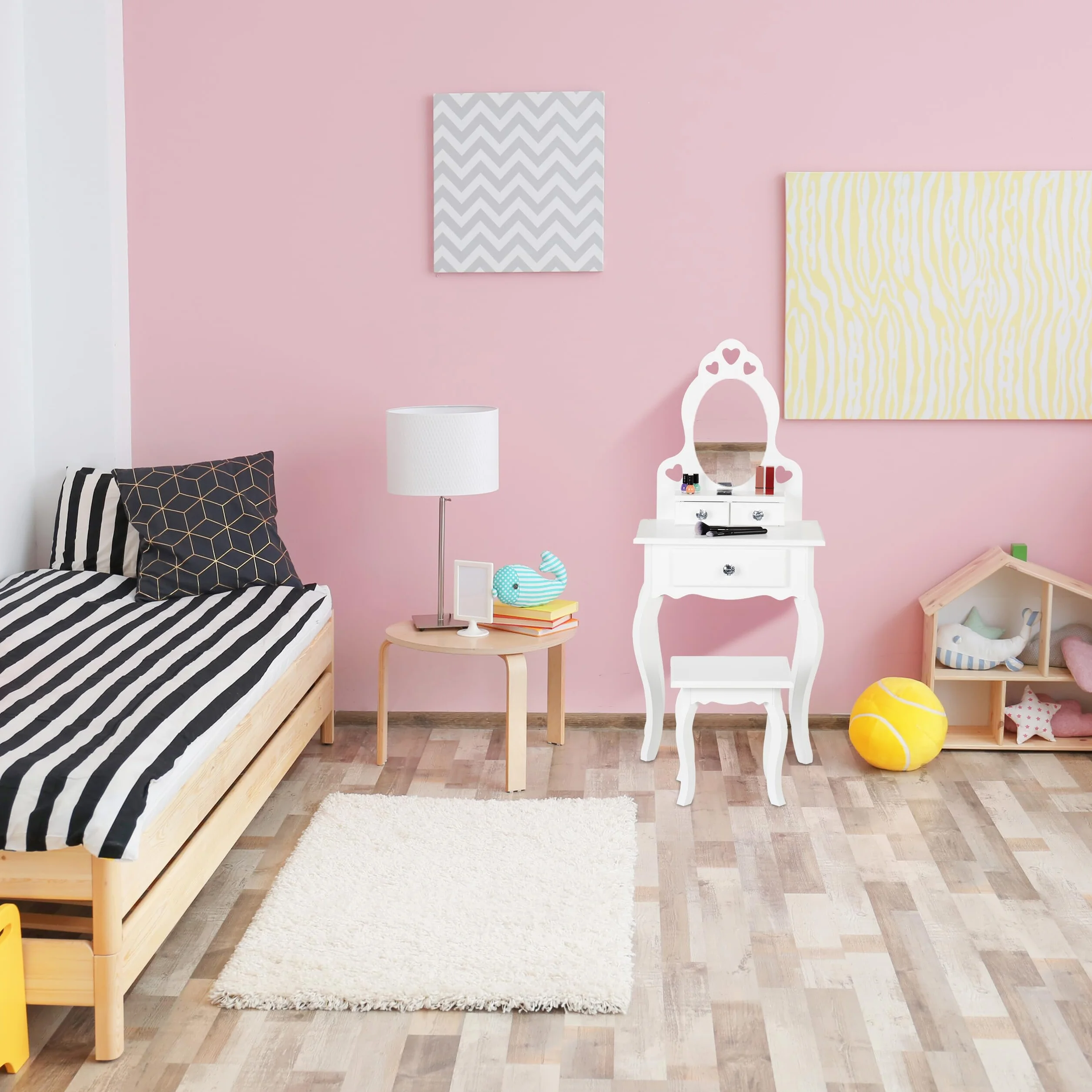 Relaxdays Toaletka dla dzieci, z lustrem i taboretem, wymiary: 110 x 50 x 30 cm, dla dzieci od 3 lat, komoda fryzjerska, biała