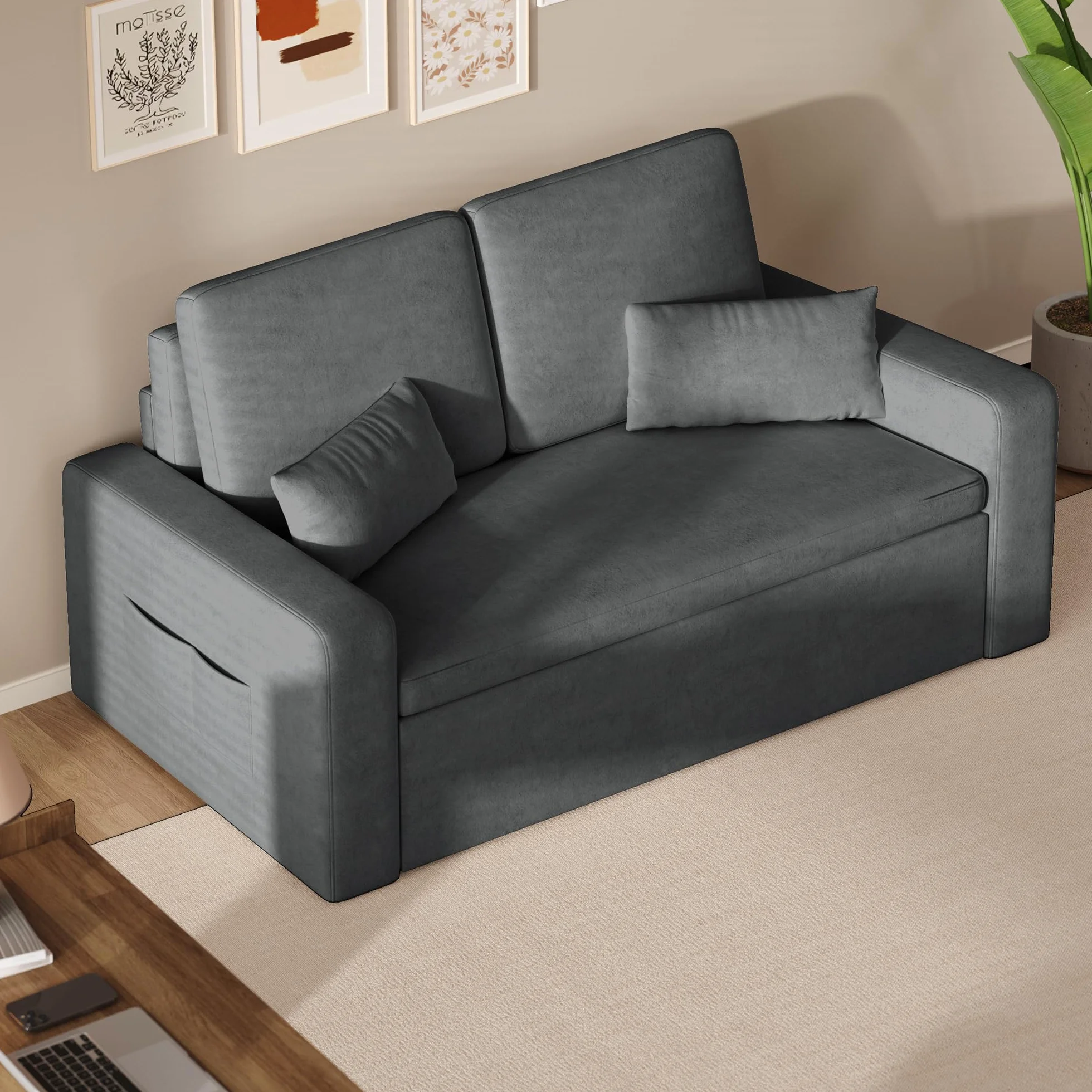 Xbro Sofa z funkcją spania 147 x 196 x 87 cm, sofa z funkcją spania 2-osobowa, wysuwana na 4 kółkach, nowoczesny welurowy materiał, Ciemnoszara