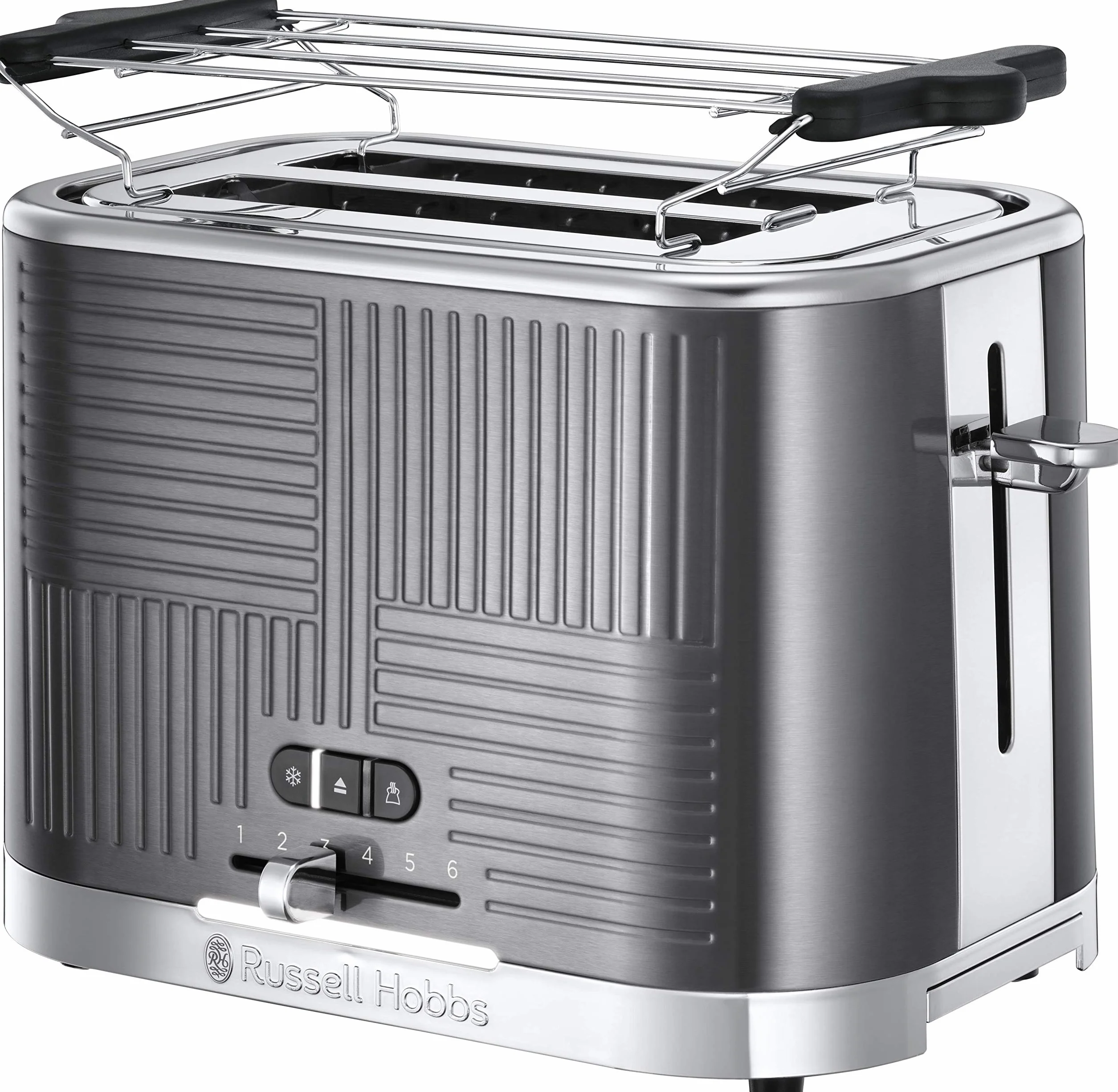 Russell Hobbs Chleb Grid [Dla 2 plasterków] Geo Steel (szerokie otwory, 4 funkcje, szybkie grillowanie/brązowanie, zintegrowany szczypce, podniesienie, podgrzewacz ciastek, podnosi okruchy, 1640W)