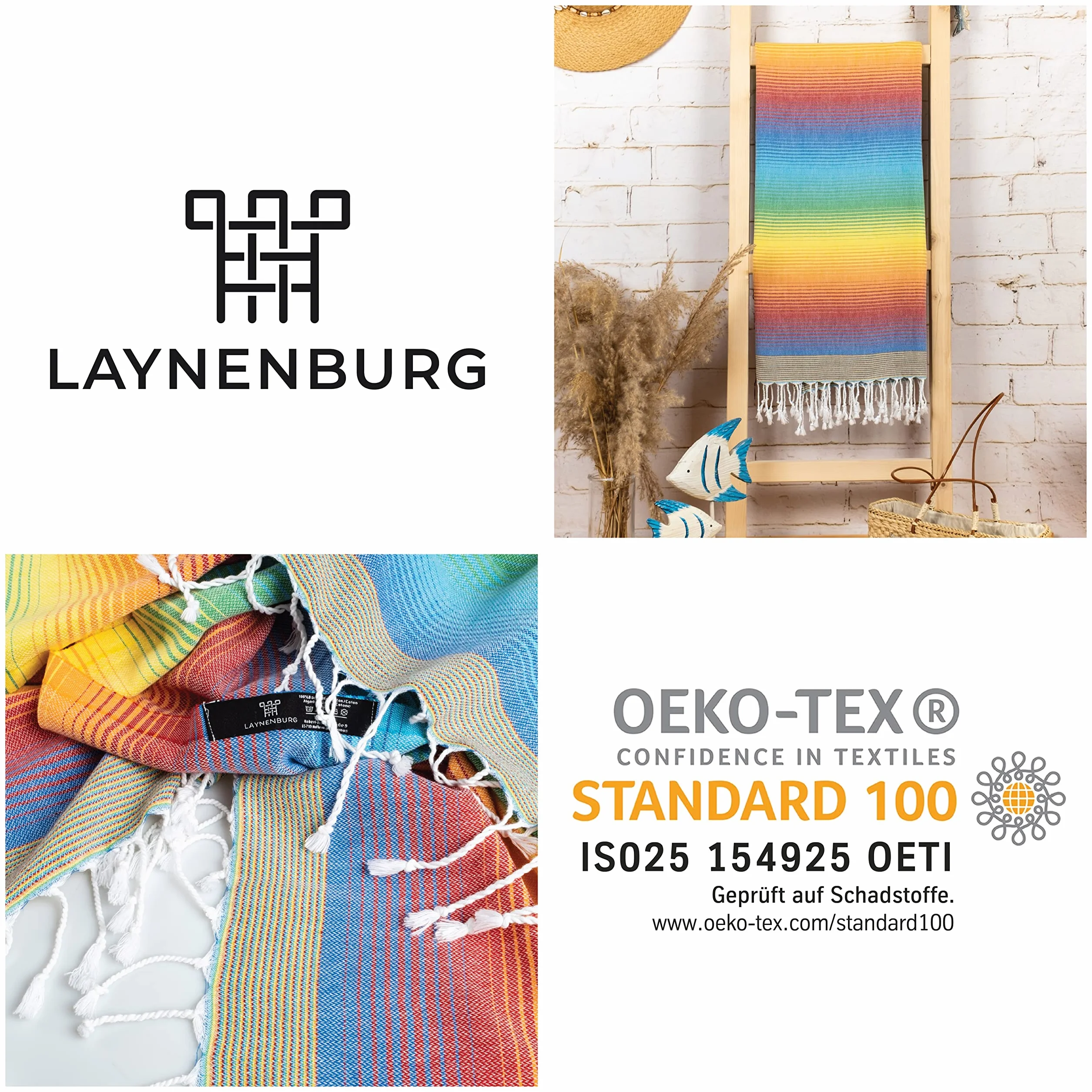 LAYNENBURG Ręcznik premium z ręcznie wiązanymi frędzlami, do łaźni tureckiej, sauny, plażowy, 100% bawełna, Oeko-Tex 200, duży, podróżny, rozmiar XXL, 100 x 200 cm, tęczowy