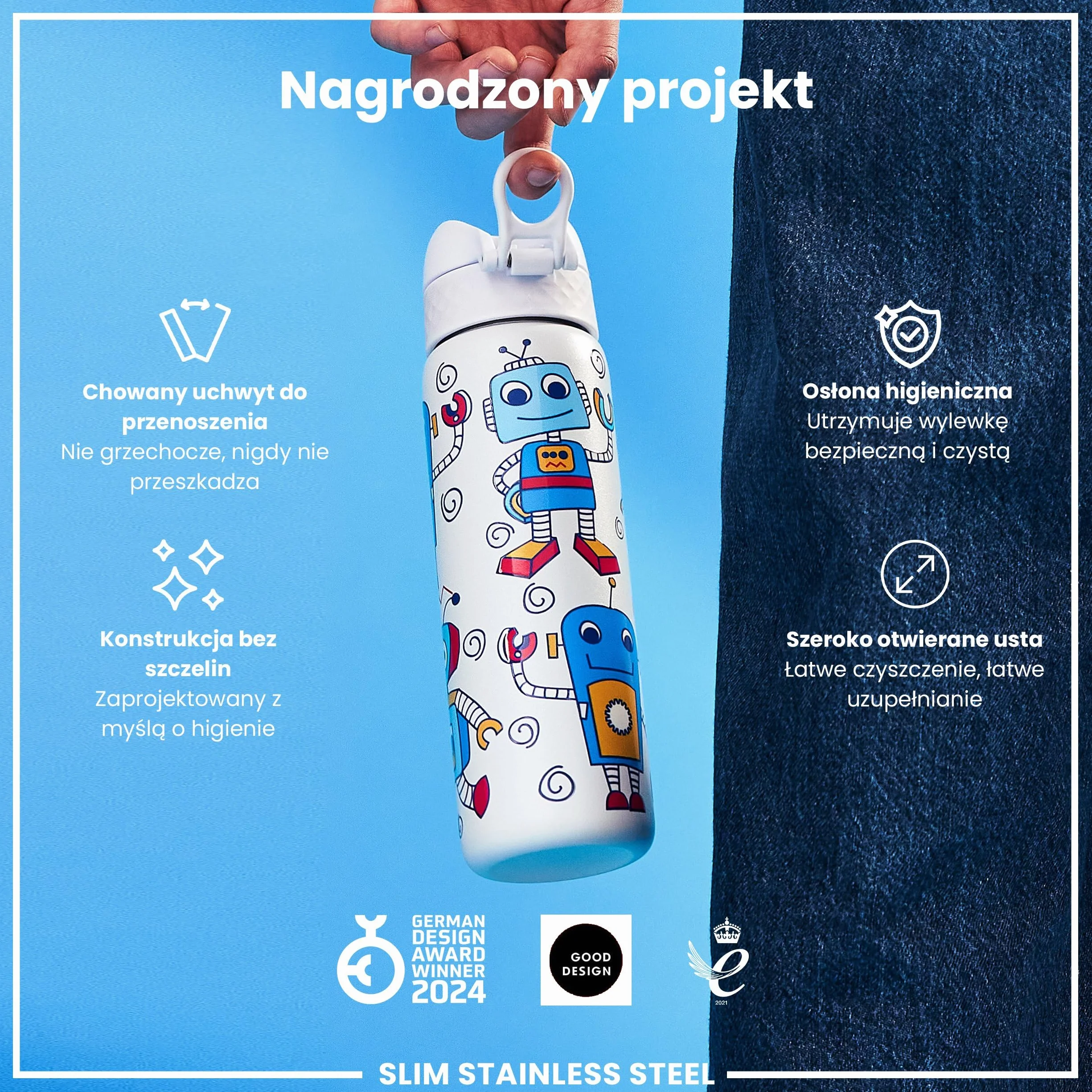ION8 Butelka na Wodę ze Lekki Stali, 600 ml/20 oz, Nieocieplany, Szczelna, Łatwe Otwieranie, Bezpieczny Zamek, Można Myć w Zmywarce, Higieniczne Pokrycie, Składany Uchwyt, Roboty