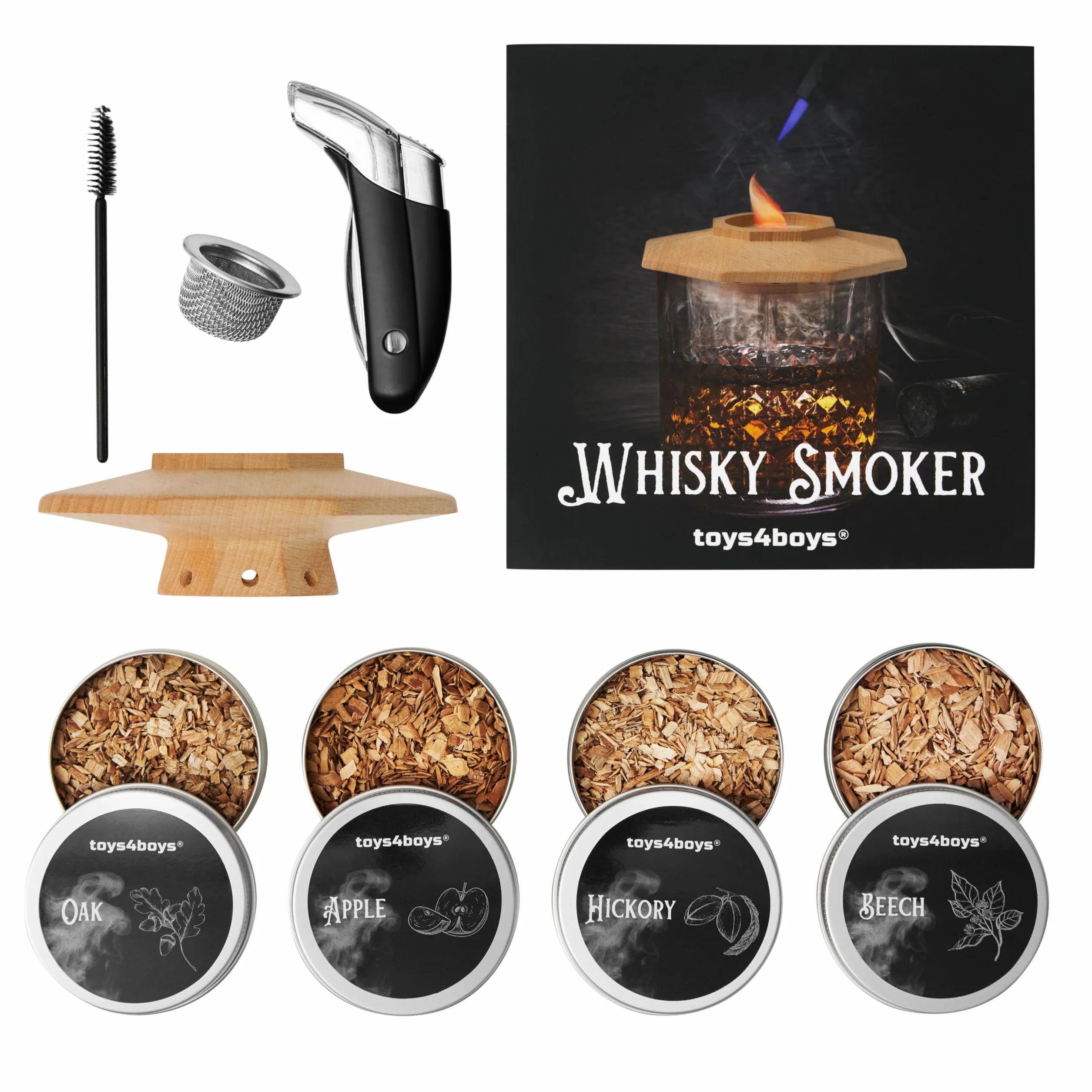 Toys4Boys Zestaw do wędzenia whisky z wiórkami drewnianymi i zapalniczką (brak gazu w zestawie). Idealny prezent na dzień chłopaka i walentynki.