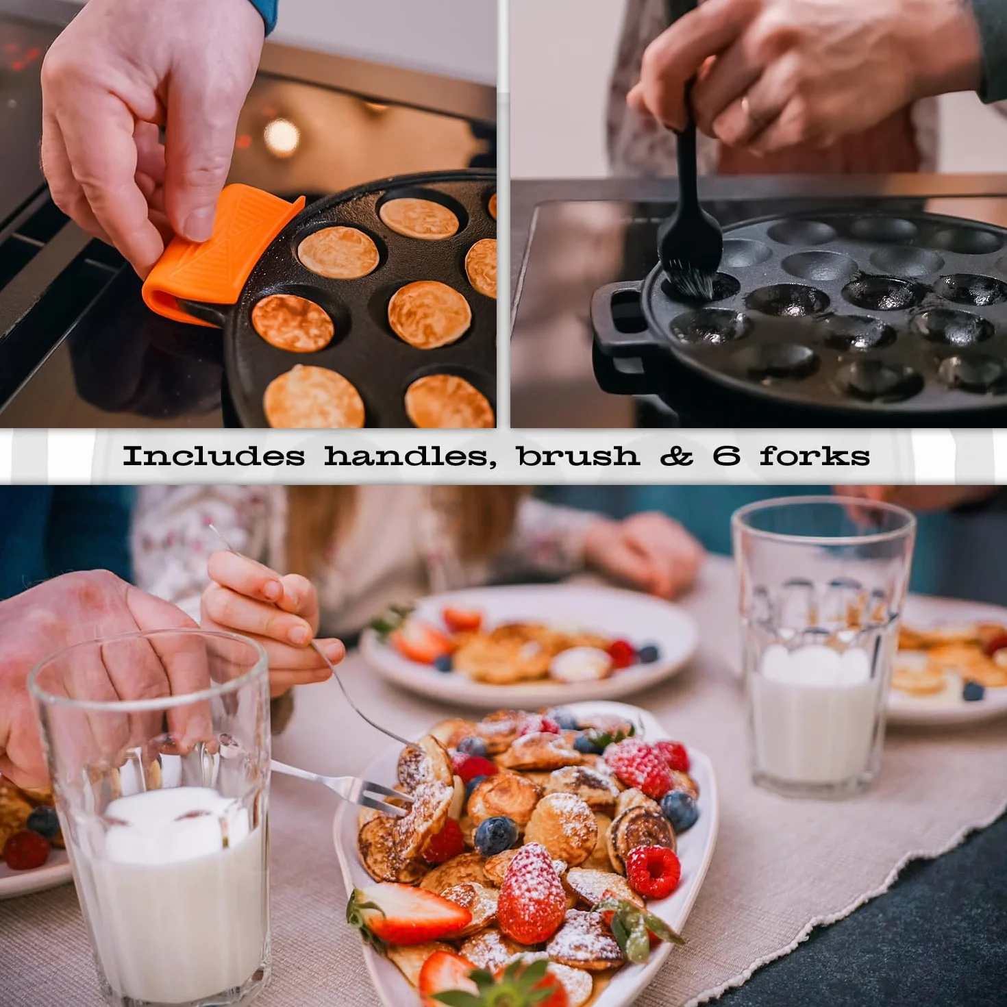 IRONO Patelnia do Poffertjes - Urządzenie do Poffertjes - 19 Mini Naleśników - Poffertjes Patelnia - Poffertjes Recipe - Żeliwna Patelnia - Zawiera Pędzel do Masła, Widelec, Butelka na Ciasto