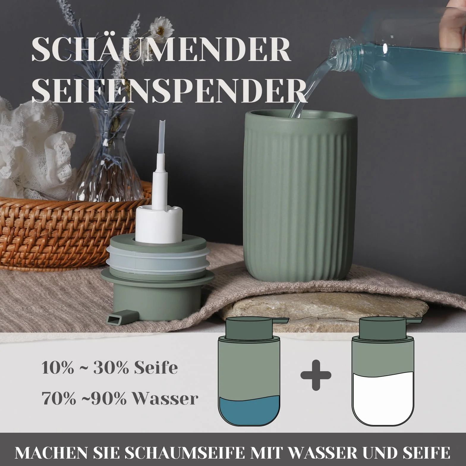 Dozownik mydła w piance, zielony, 350 ml, dozownik płynu do mycia naczyń z głowicą pompki piankowej, do wielokrotnego napełniania, ceramiczny matowy zielony, dozownik mydła do kuchni