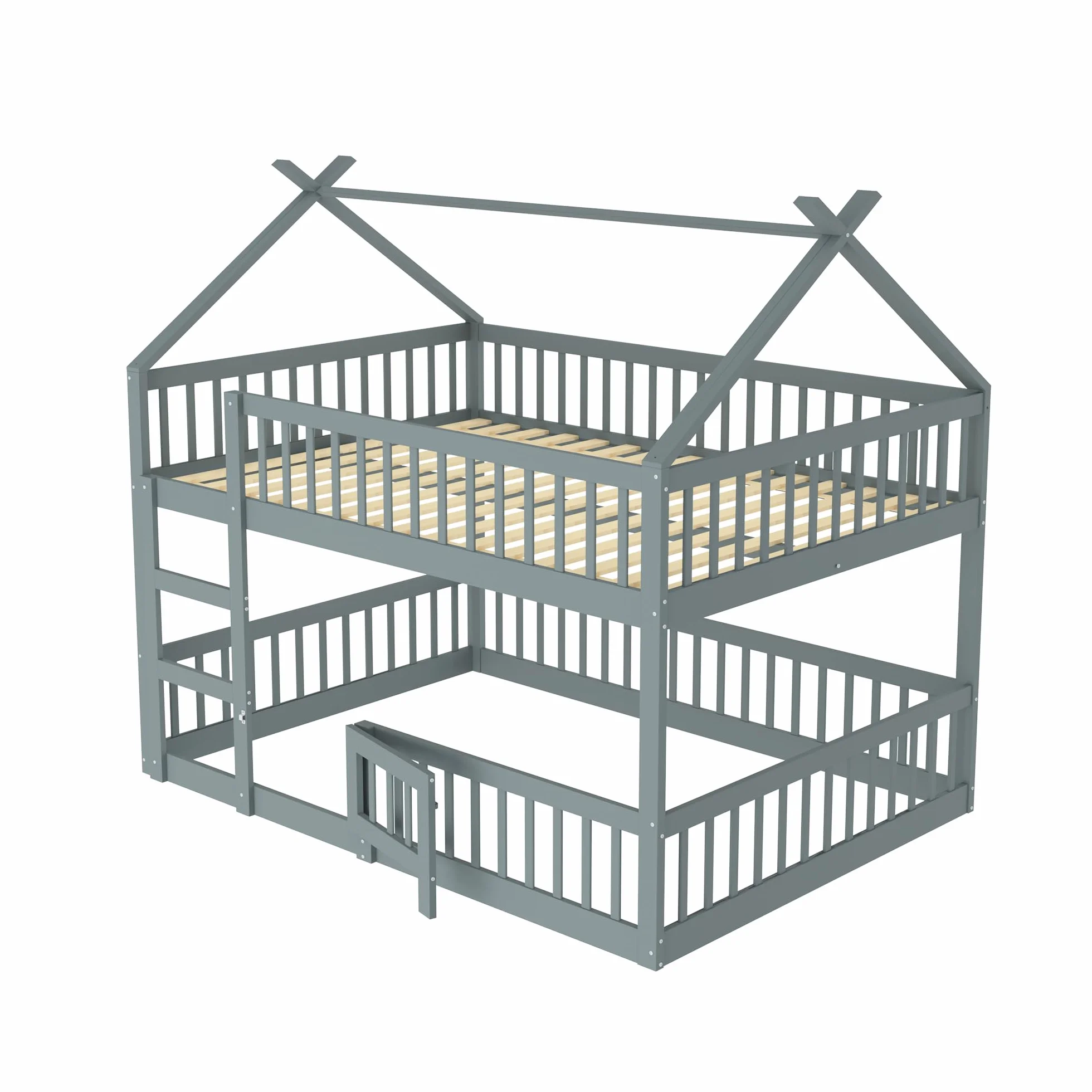 Dziecięce łóżko piętrowe 140 x 200, rodzinne łóżko dziecięce, ze schodami, styl loft, rama łóżka piętrowego z litego drewna, kolor szary