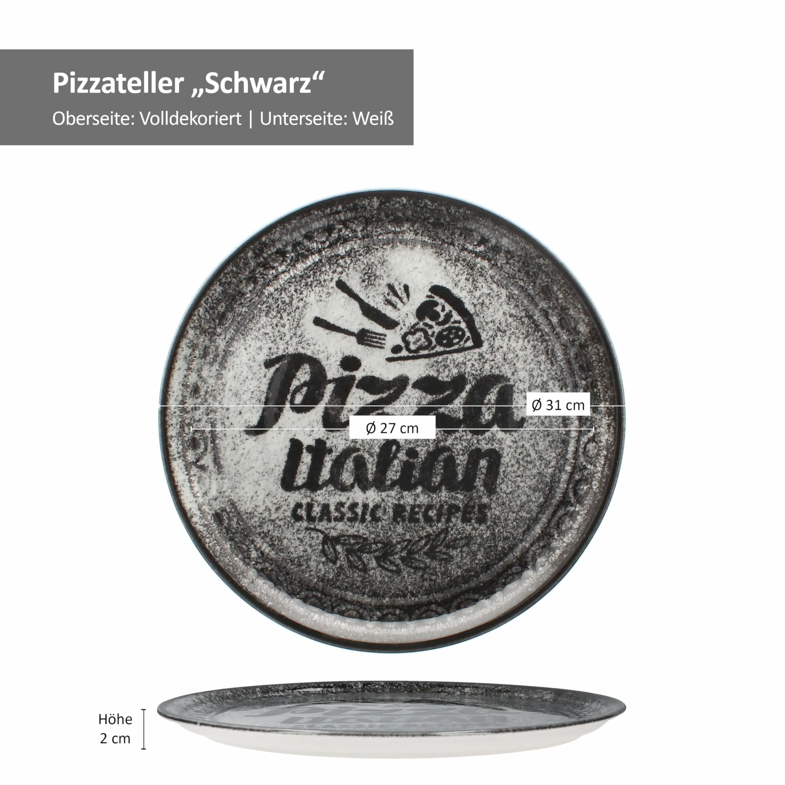MamboCat Zestaw 2 Talerzy do Pizzy w Kolorze Czerwonym i Czarnym, Ø 31 cm, dla 2 Osób, Duże Talerze z Porcelany z Dekoracją i Napisem, Przyrządzania I Talerz Obiadowy XL