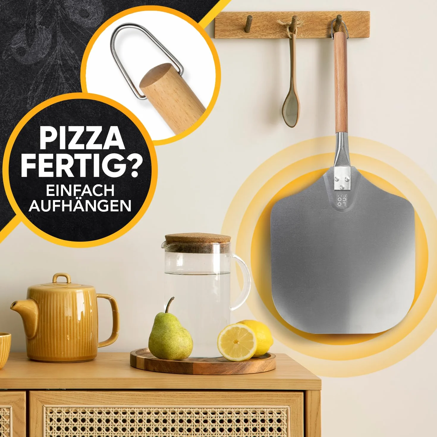 LOCO BIRD Łopatka do pizzy z dużą powierzchnią i zdejmowanym uchwytem – 30,5 cm x 30,5 cm łopatka do pizzy aluminiowa – w zestawie książka z przepisami