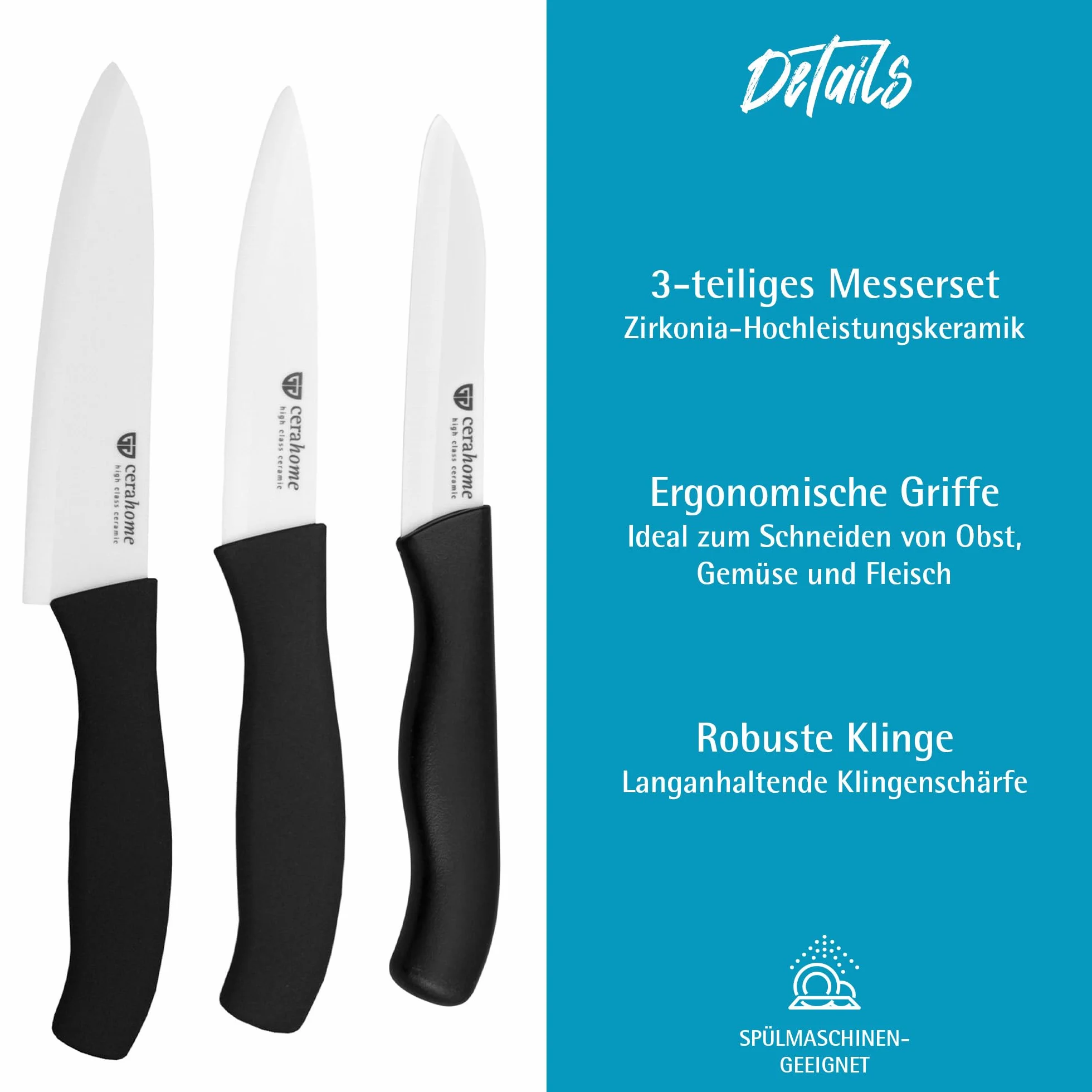 GRÄWE Cerahome zestaw no?y ceramicznych, ostry, 3-cz??ciowy zestaw no?y, nó? kuchenny, nó? do warzyw i nó? szefa kuchni z ceramiki - seria Cerahome