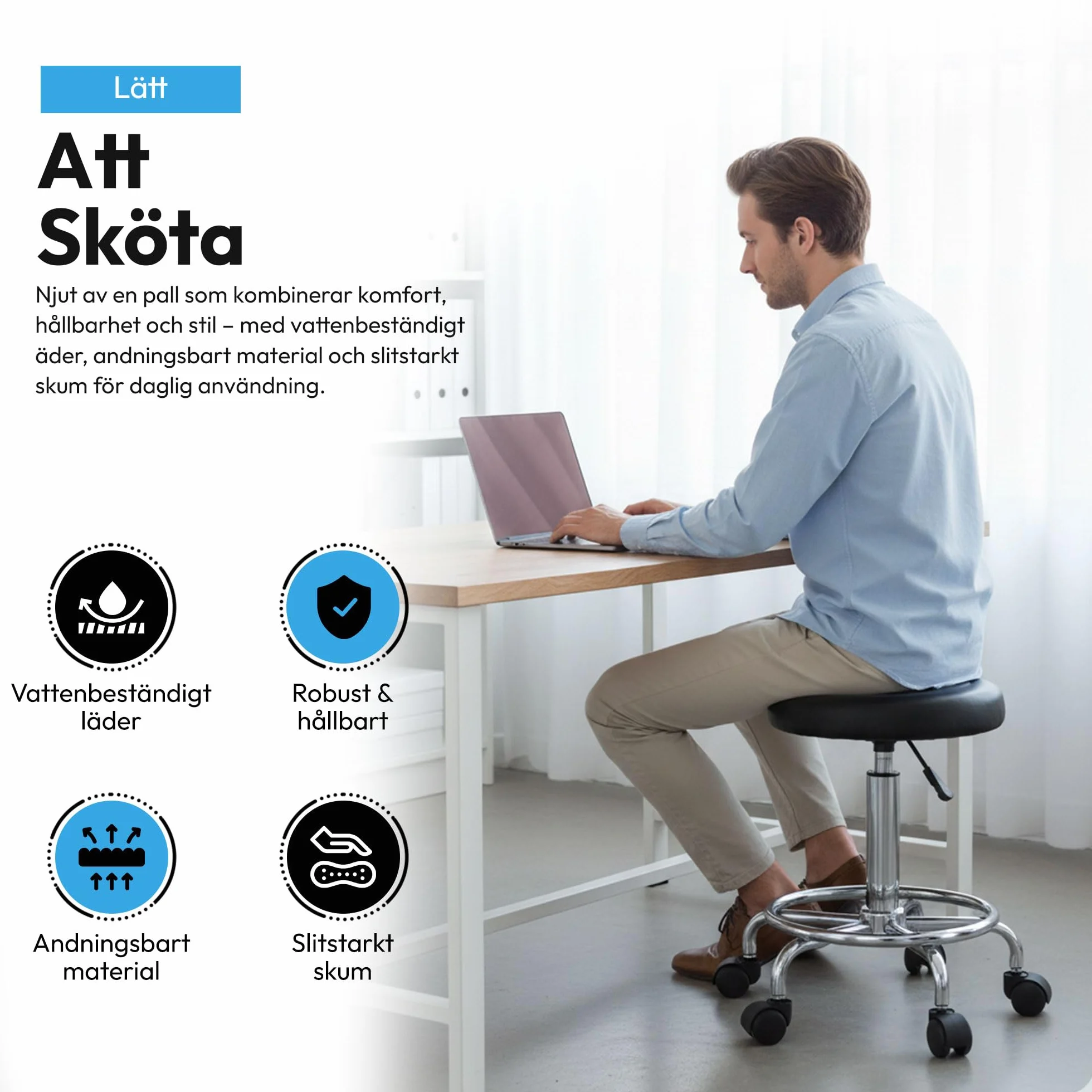 Ergonomia Rolowany stołek roboczy obrotowy z regulacją wysokości Czarny
