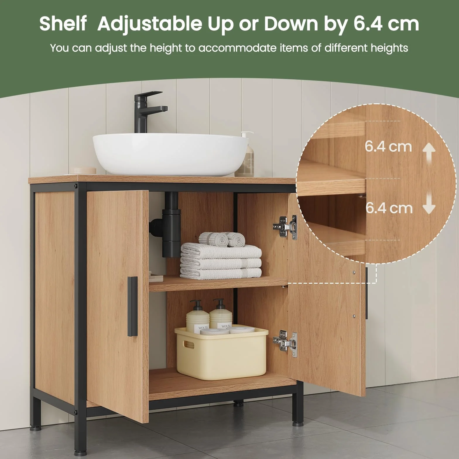 EUGAD Szafka pod umywalkę 60 x 60 x 30 cm, Szafka łazienkowa z regulowaną w wysokości przegrodą, Mała szafka łazienkowa wykonana z materiału drewnianego, Czarna