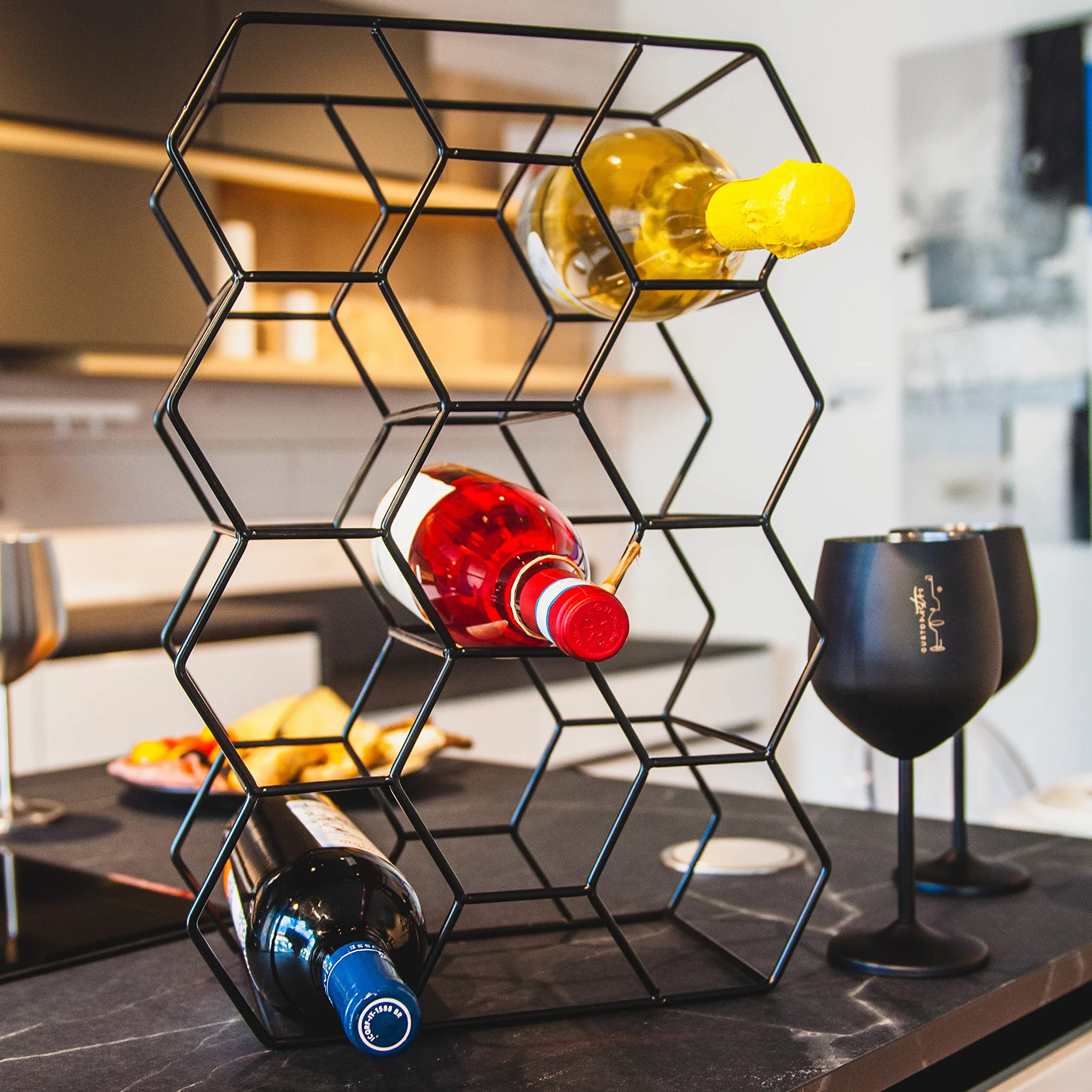 Gusto Nostro Stojak na wino na blacie, 14 butelek, wolnostojący, nowoczesny, czarny, metalowy, mały, 3-poziomowy stojak na wino, stojak na wino, bez konieczności montażu