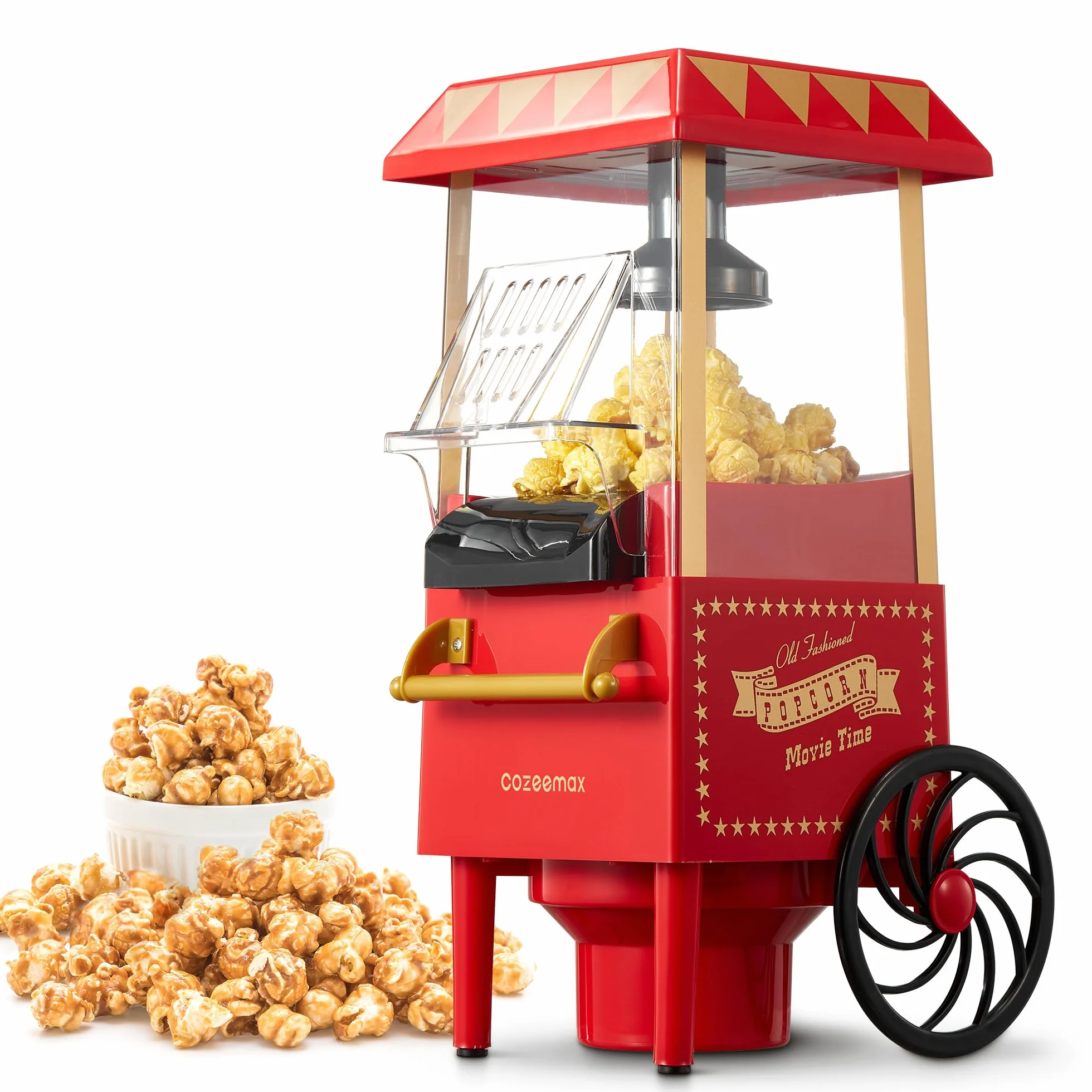 maszyna do popcornu w stylu retro, 1200 W, domowa maszyna do popcornu z gorącym powietrzem, bez tłuszczu i oleju, obsługa jednym przyciskiem, czerwona