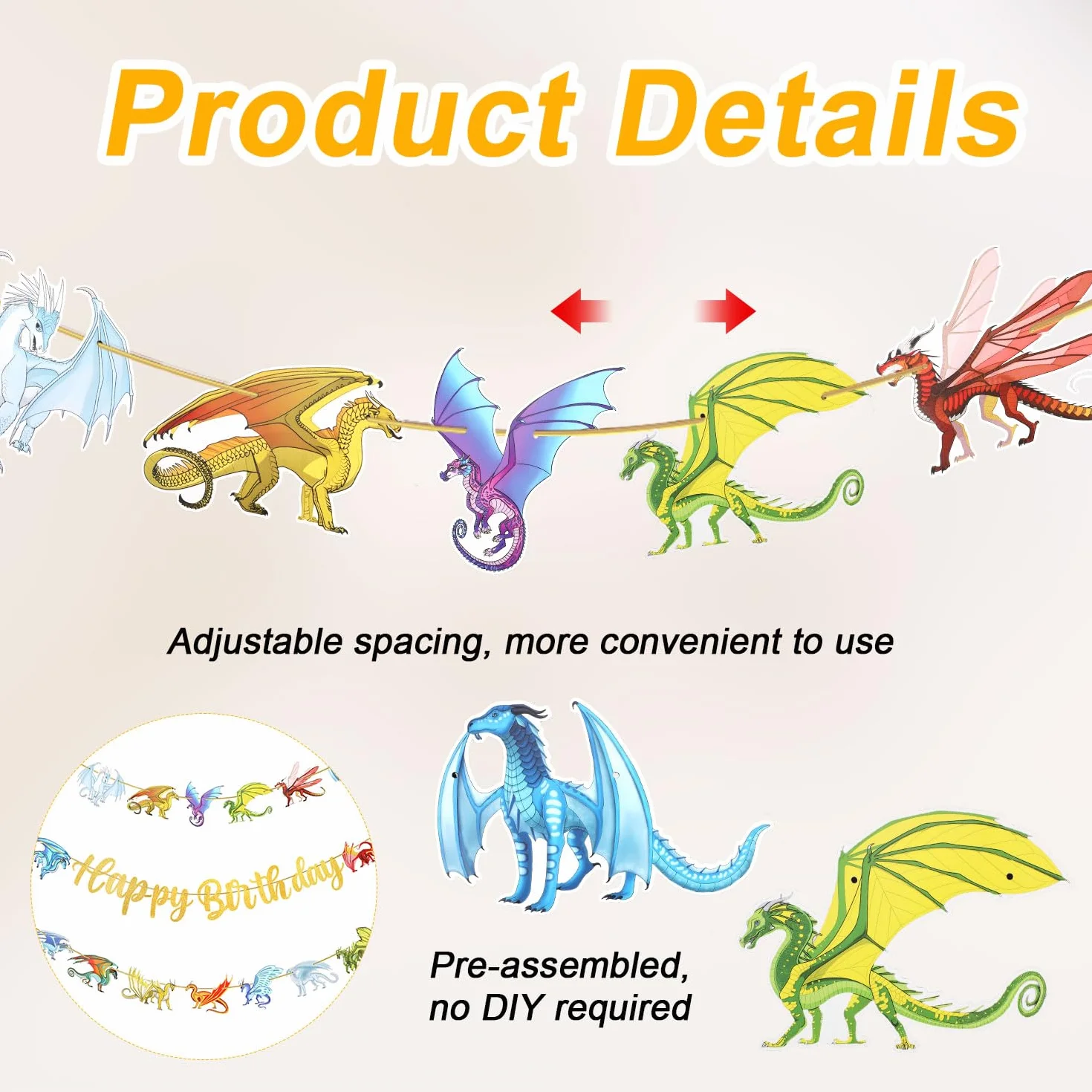 Baner Urodzinowy Dragon Happy Birthday Banner, Zólta Czcionka Dekoracje Urodzinowe Dragon Sznurek Wiszacy Baner Urodzinowy Dragon na Impreze Tematyczna Dragon i Akcesoria na Baby Shower