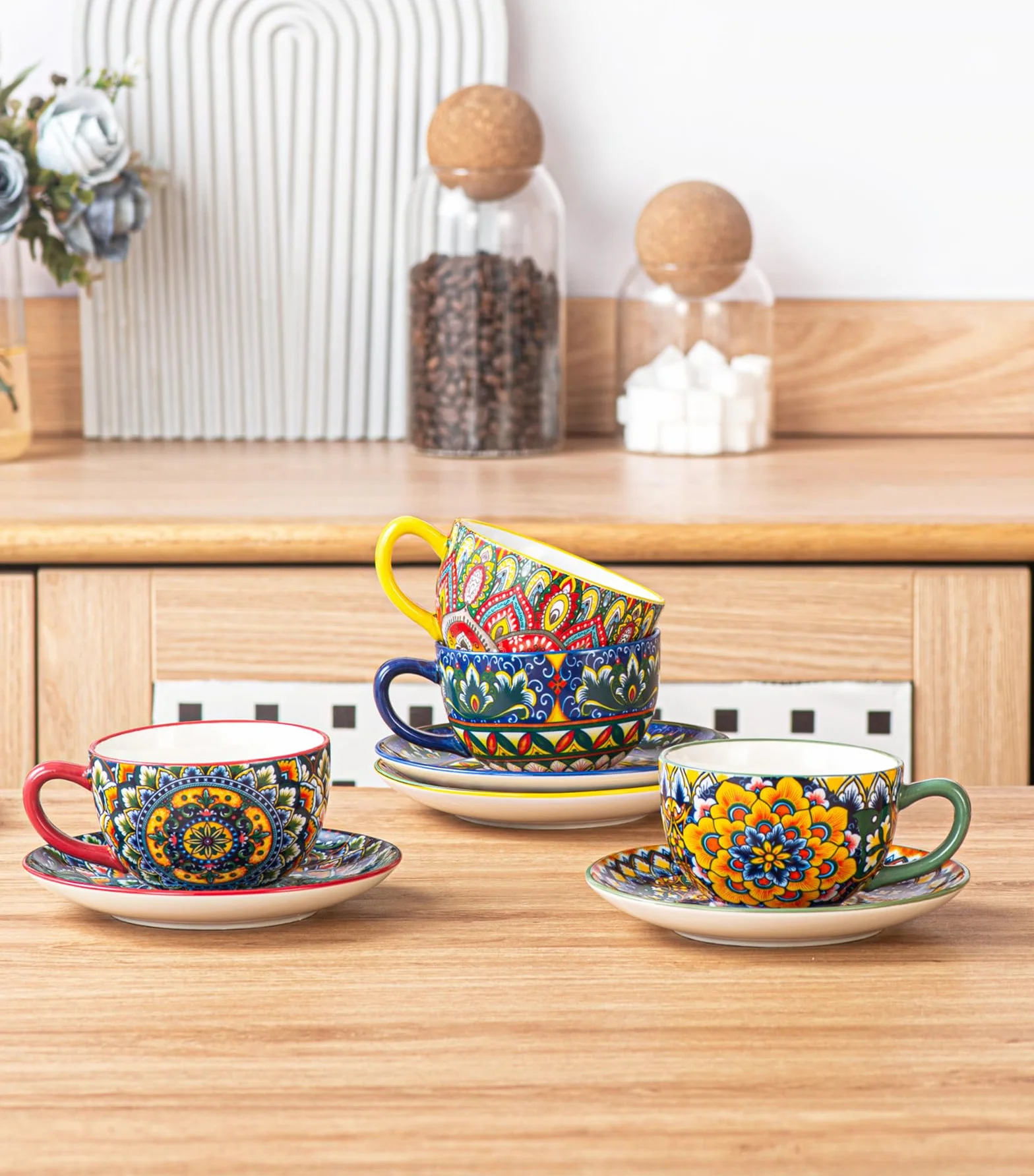 Henten Home Serwis do kawy z porcelany, 12-częściowy zestaw do kawy, kolorowy, ręcznie malowany, zestaw filiżanek do kawy dla 6 osób, zawiera filiżanki do kawy, spodki