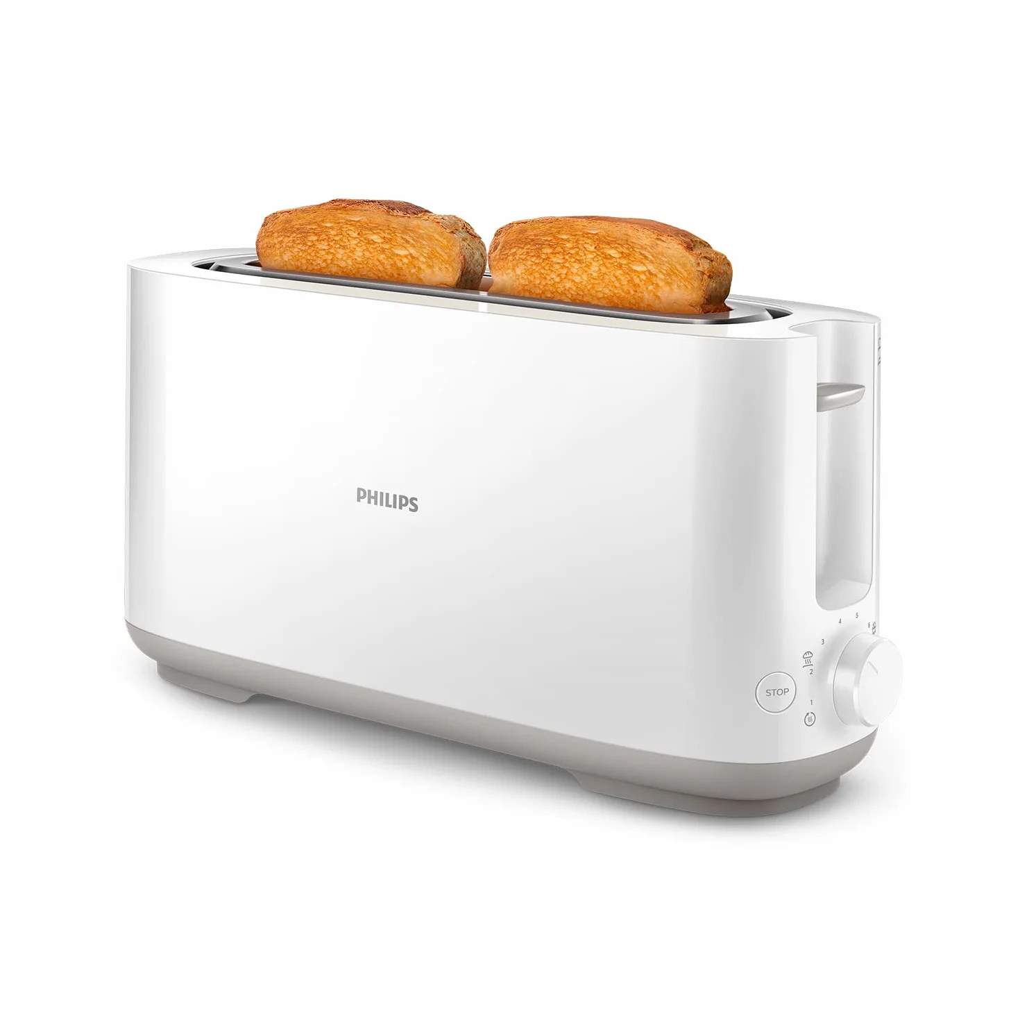 Philips Toster - Długi otwór, 8 Poziomów opiekania, Ruszt do bułek, Funkcja rozmrażania, Obudowa Cool Touch, Wysoki podnośnik, Automatyczne wyłączanie, Biały (HD2590/00)