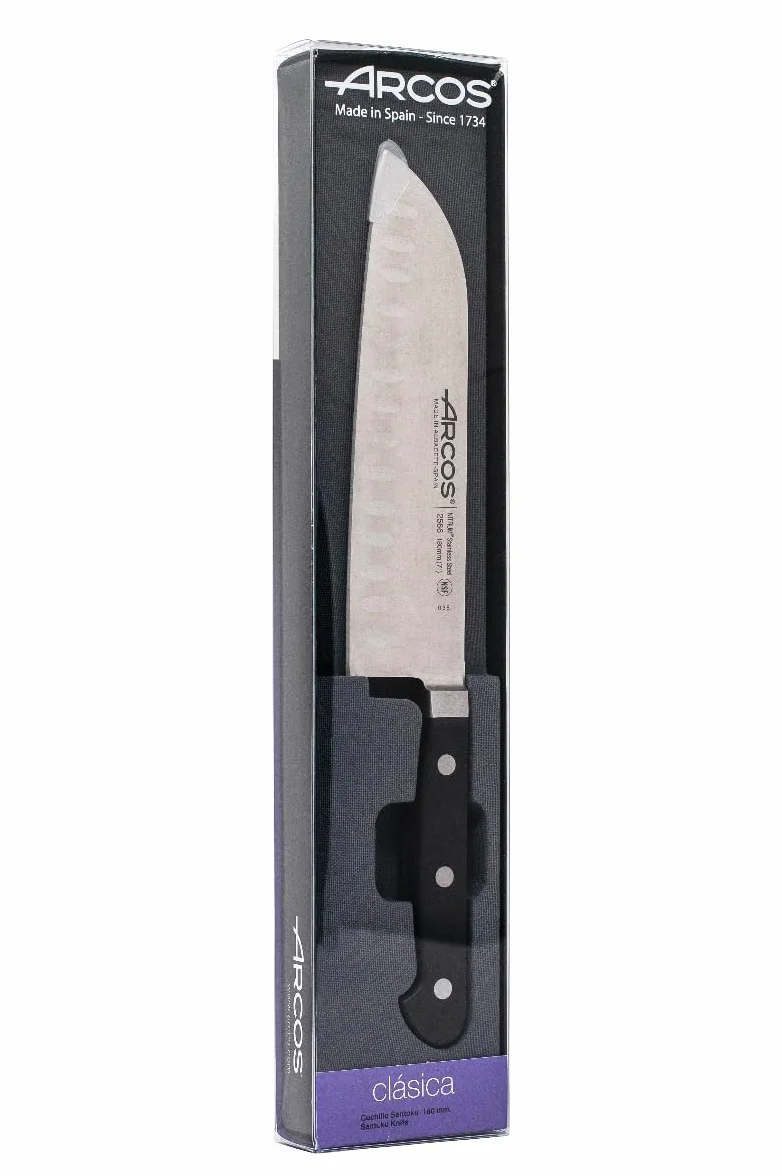 Arcos 256600 Seria Clasica - nóż Santoku nóż w stylu azjatyckim, ostrze z kutej stali nierdzewnej nitrom, 180 mm, uchwyt z polioksymetylenu (POM) kolor czarny