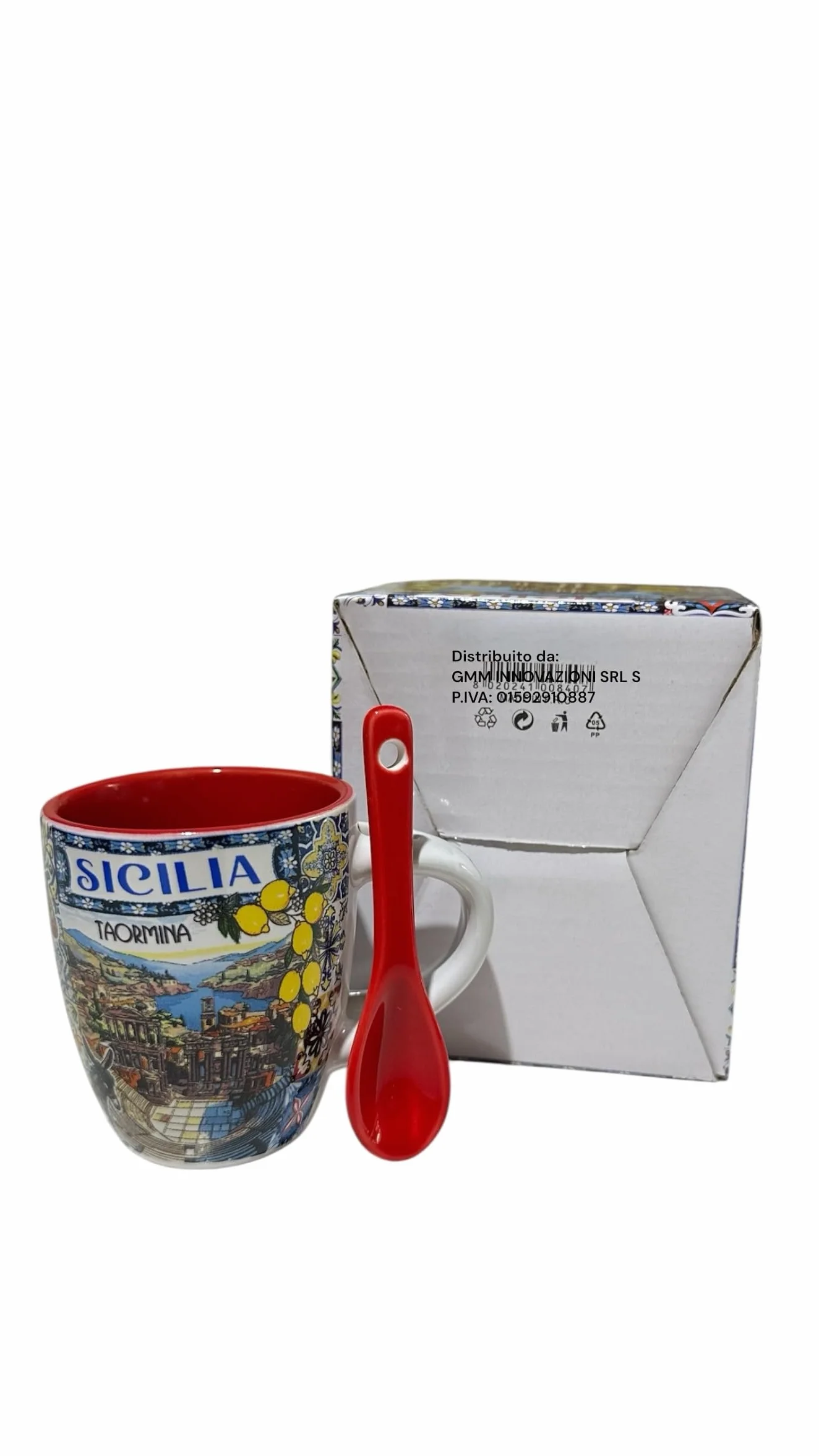 Sycylia Filiżanka do kawy z ceramiką / łyżeczką, ozdobiona filiżanką SOUVENIR, C/DECORO, 7 cm - H, pojemność 70 ml