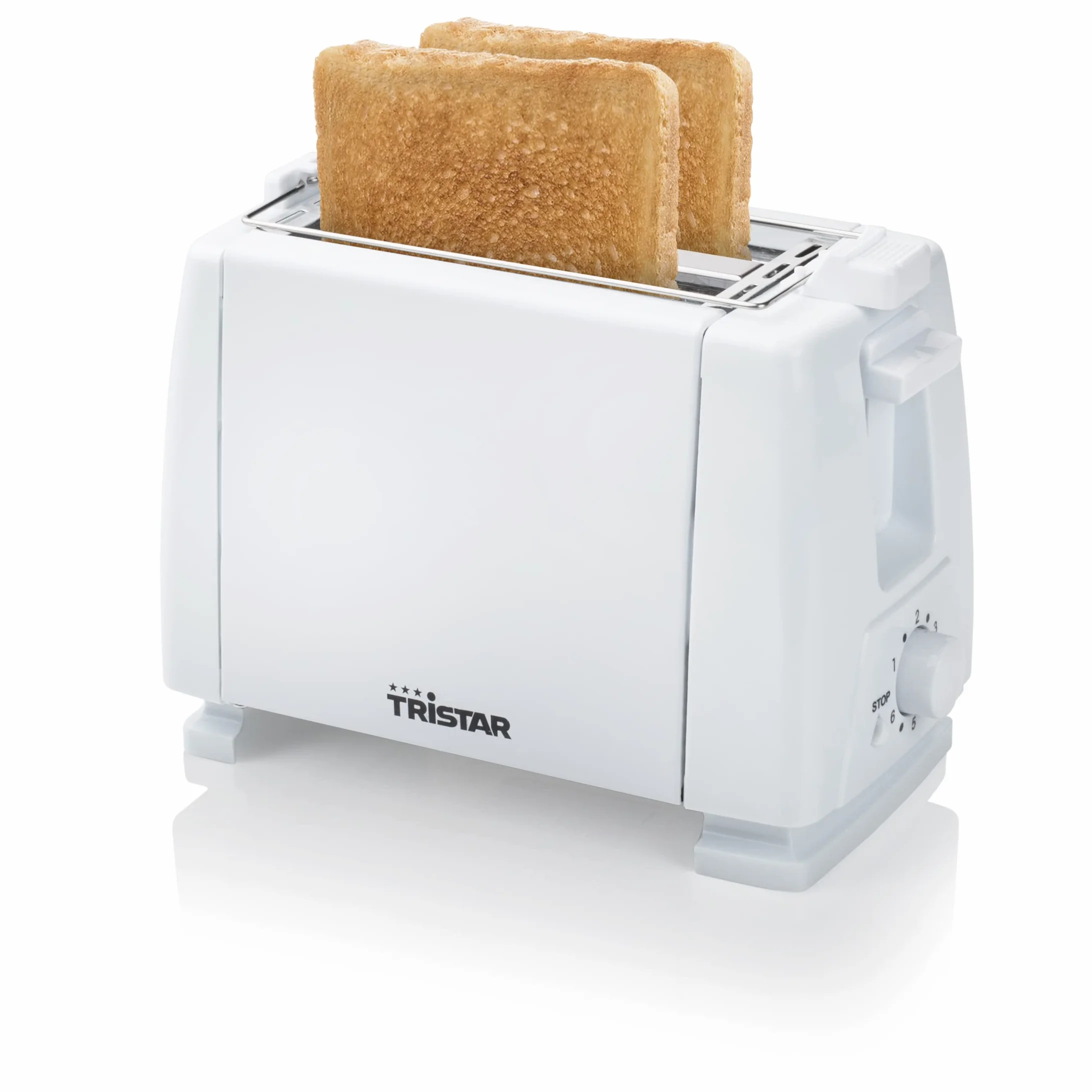 Tristar BR-1009 toster, 650 W, na 2 kromki tostów, 2 krótkie szczeliny, 6 poziomów opiekania i funkcja podgrzewania bułek – biały