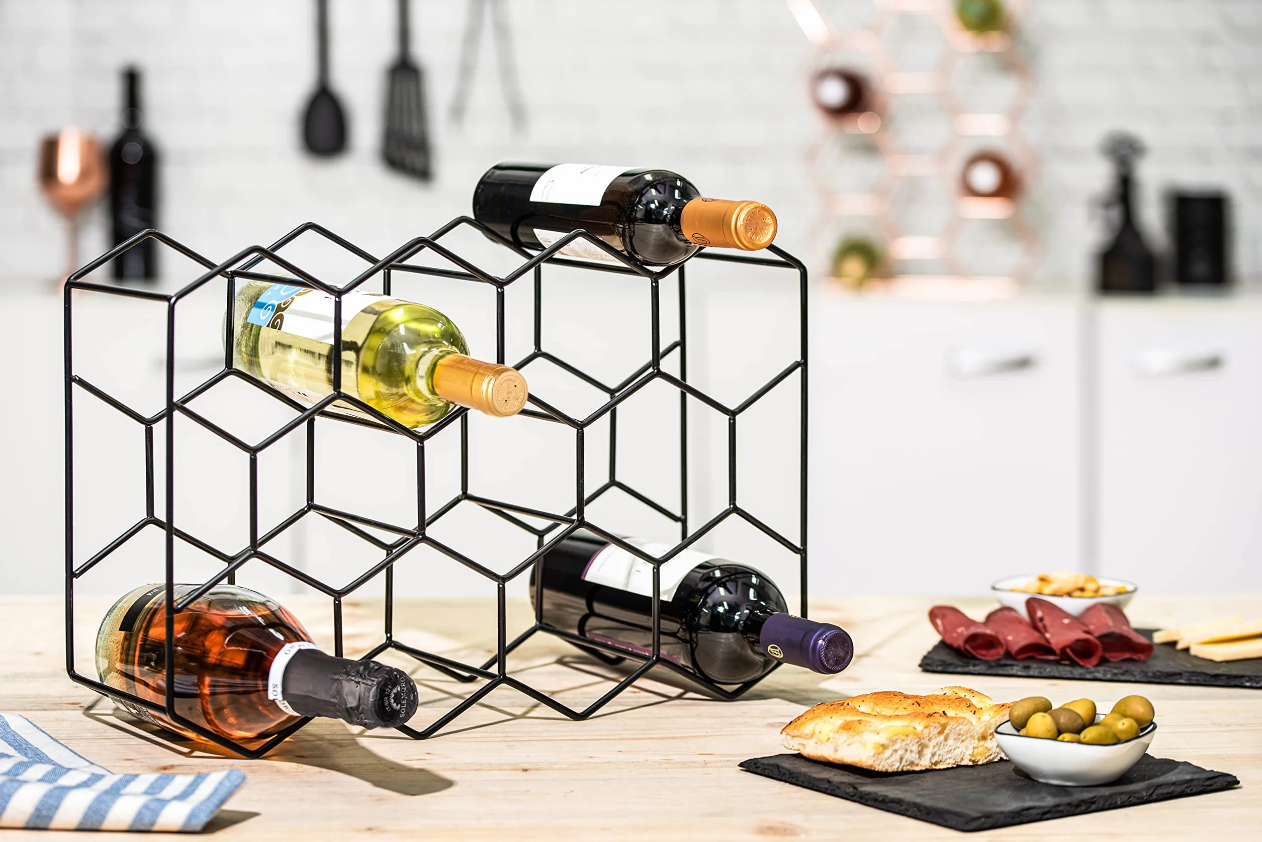 Gusto Nostro Stojak na wino na blacie, 14 butelek, wolnostojący, nowoczesny, czarny, metalowy, mały, 3-poziomowy stojak na wino, stojak na wino, bez konieczności montażu