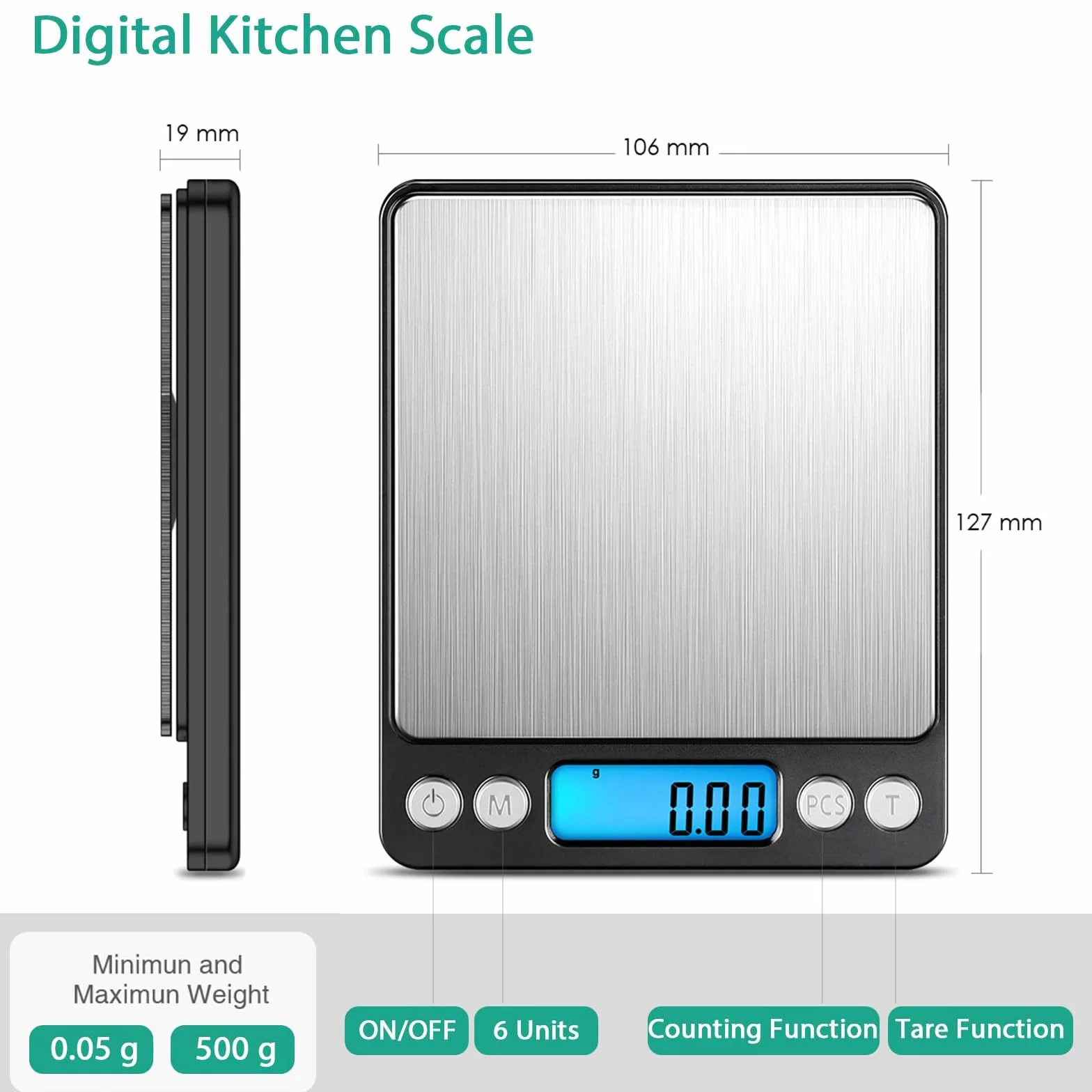 Waga cyfrowa dokładność ORIA 500g/0,01g przenośna równowaga części biżuterii ekran LCD 6 jednostek funkcja licznik tarowania części automatyczne wyłączanie waga kalibracja 100g
