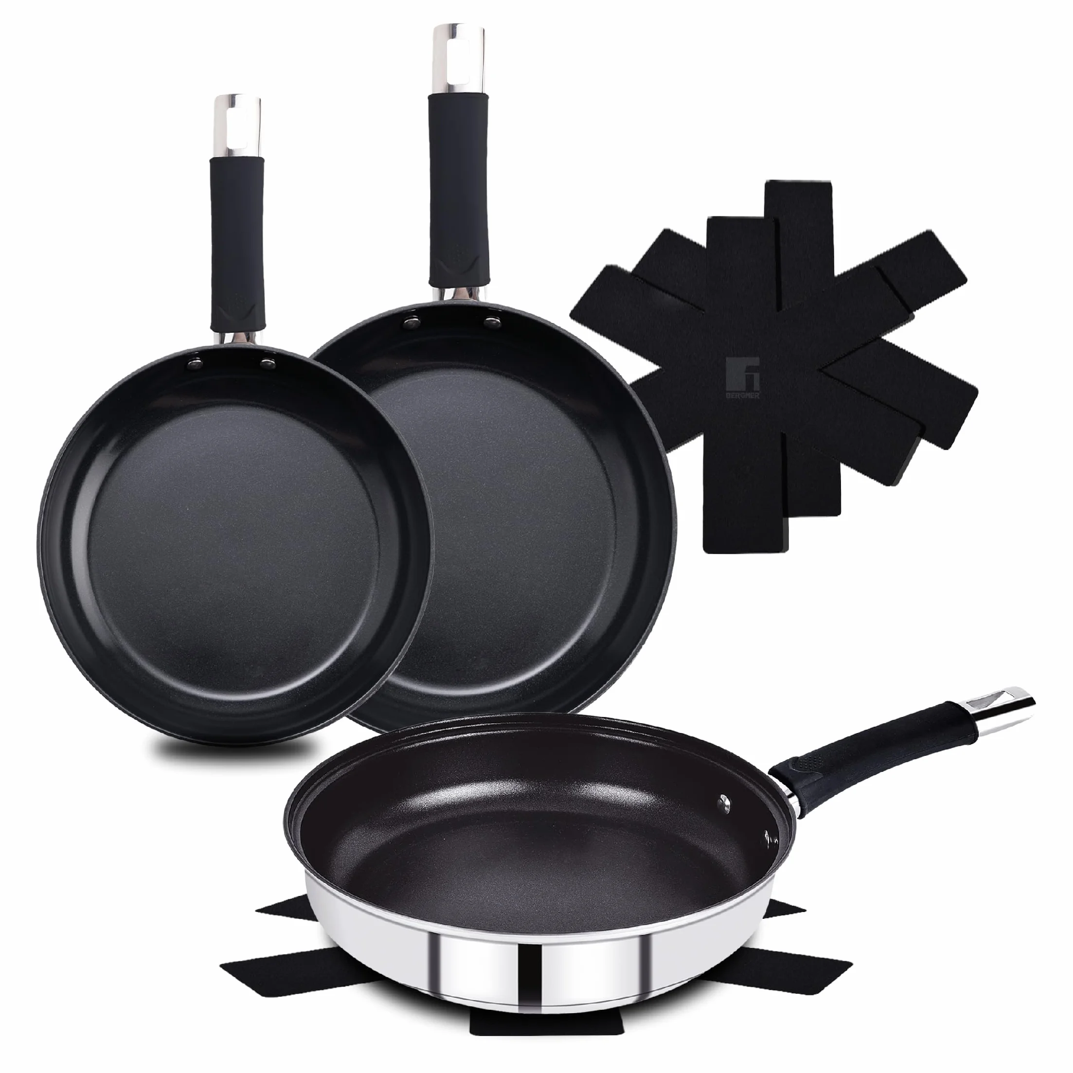 BERGNER BASTER 6-częściowy zestaw patelni stal nierdzewna 20+24+28 cm powłoka nieprzywierająca indukcyjny