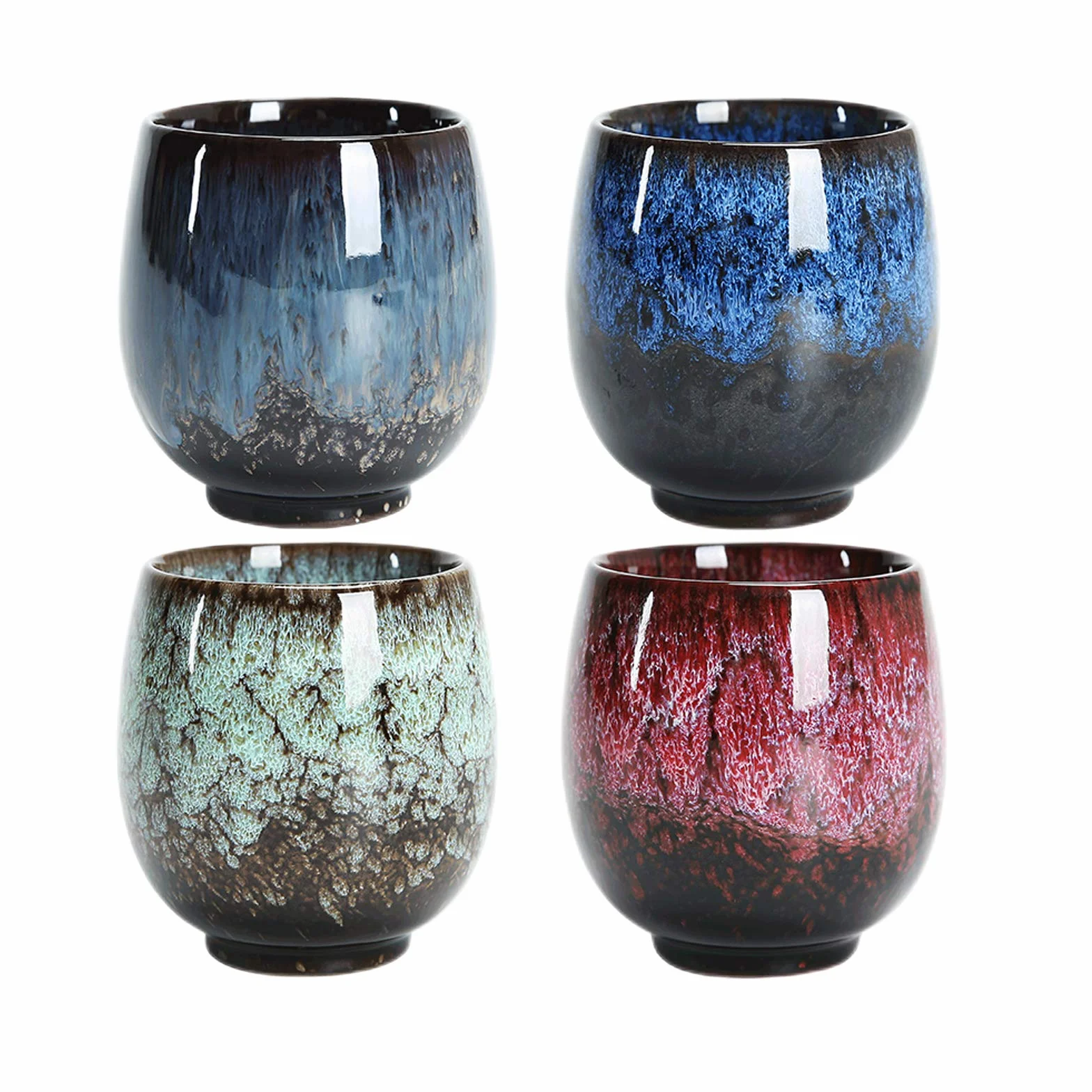 Japoński kubek do herbaty, zestaw ceramicznych filiżanek do herbaty, zestaw 4 ręcznie robionych filiżanek, wielokolorowe, emaliowane flambed, prezenty