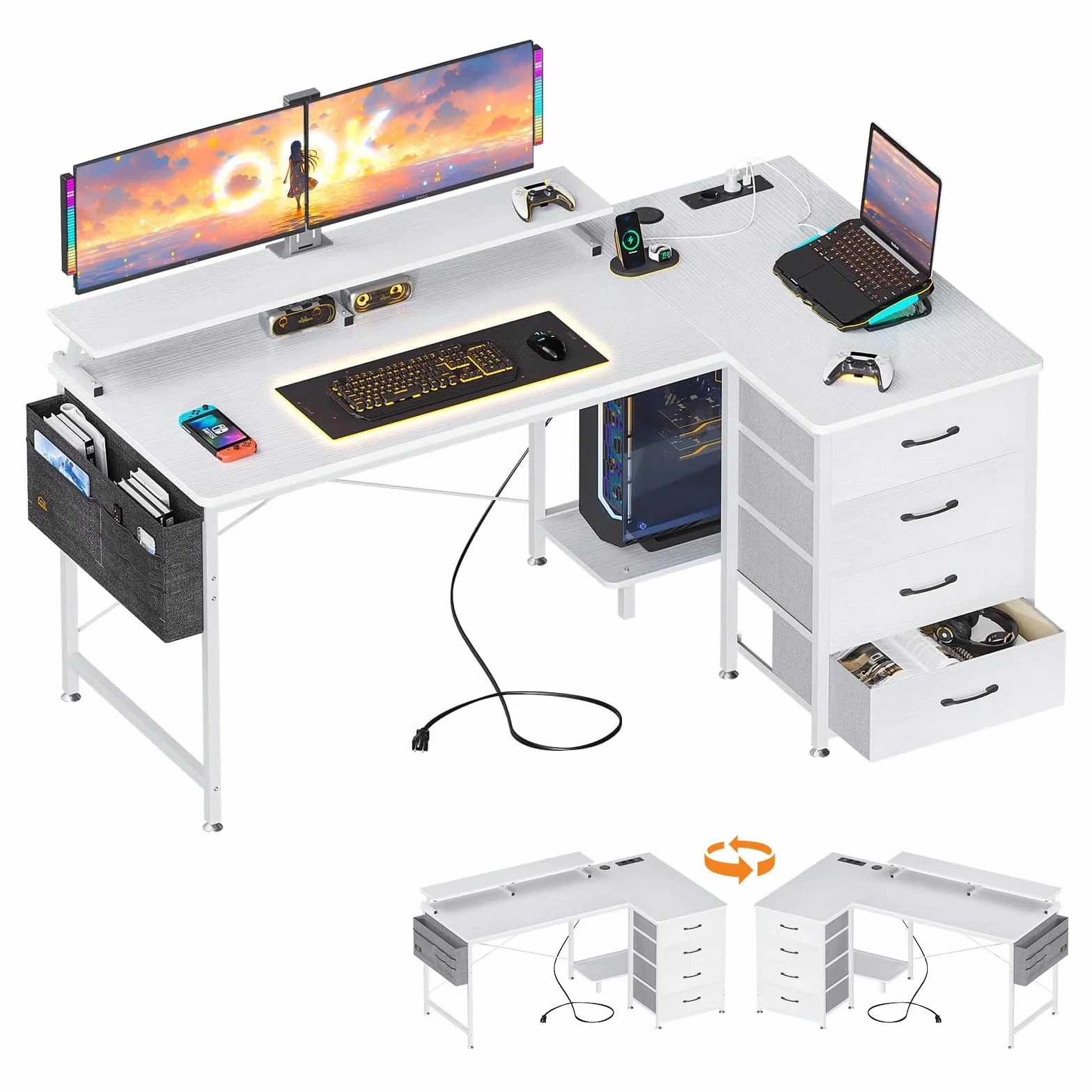 ODK Biurko narożne w kształcie litery L z 4 szufladami, dwustronne, z 2 przyłączami do ładowania USB i 2 gniazdami, z półką na monitor do domowego biura, 140 x 80 x 84,7 cm, białe