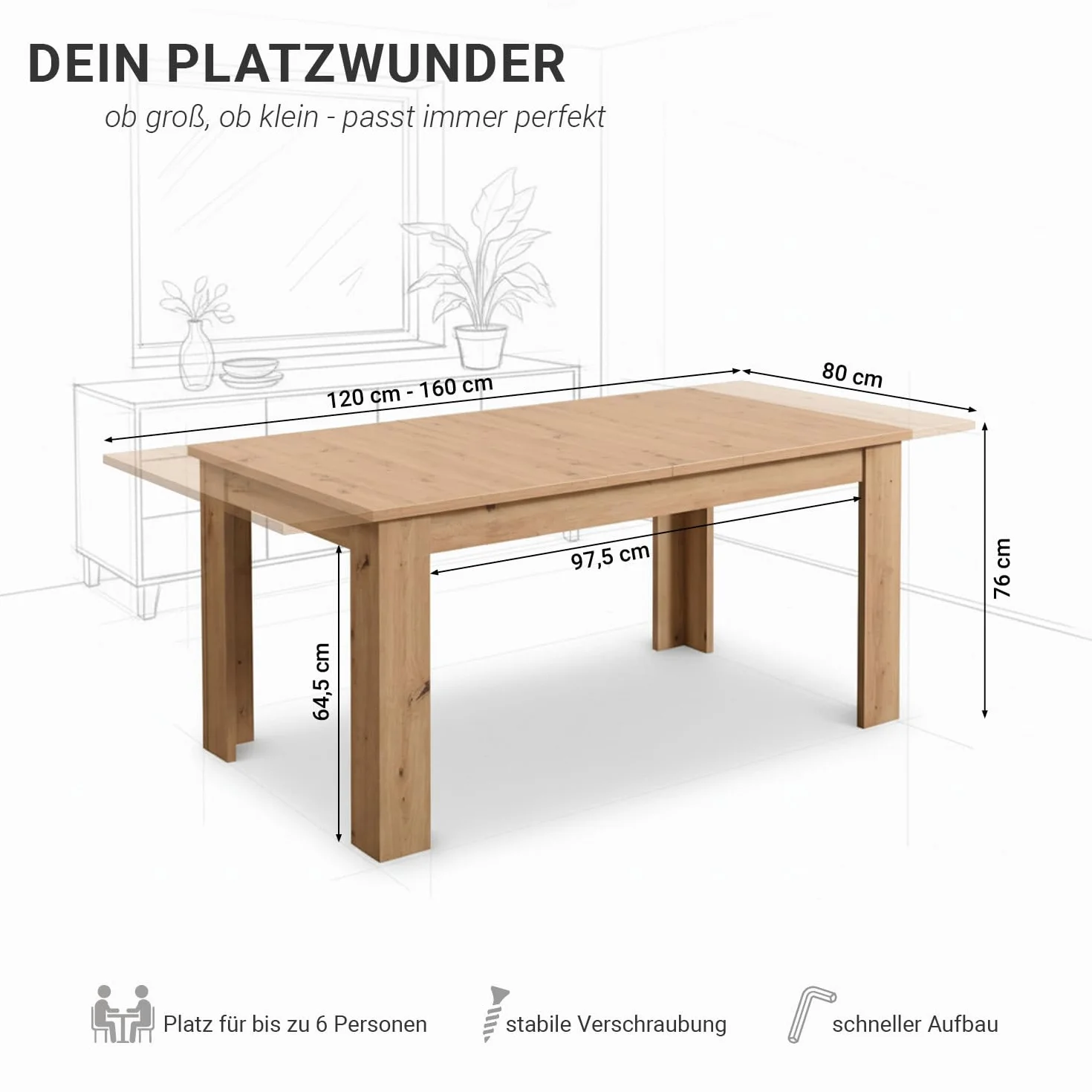 Homestyle4u Rozsuwany stół drewniany 120 x 80 cm, dąb, nowoczesny stół do jadalni i kuchni, z możliwością przedłużenia do 160 cm – dla maksymalnie 6 osób.