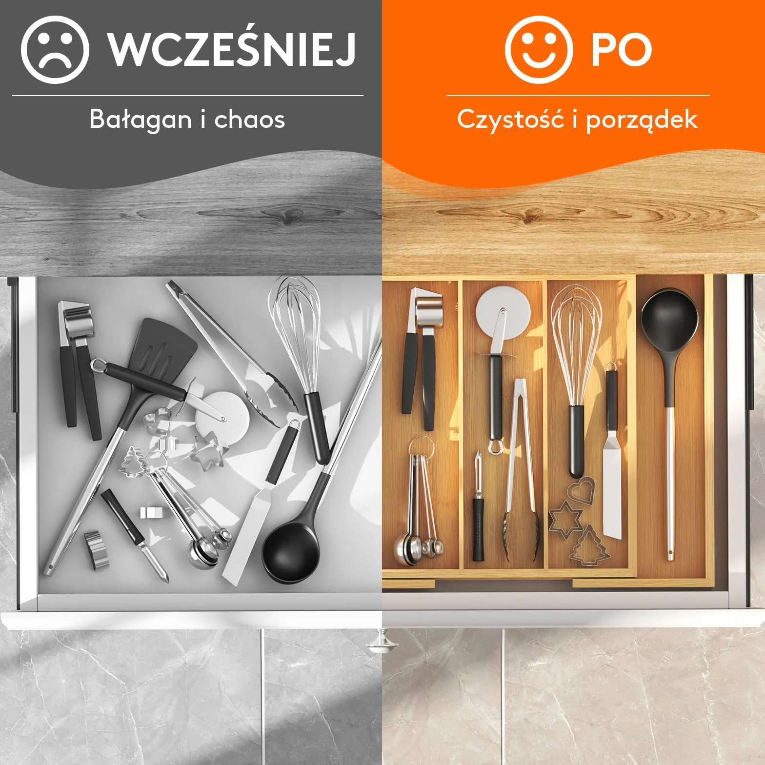 Lifewit Organizer do szuflad na przybory, rozszerzalna duża taca na sztućce do kuchni, bambusowy uchwyt na sztućce, drewniana regulowana szpatułka kuchenna narzędzia i gadżety przegroda do