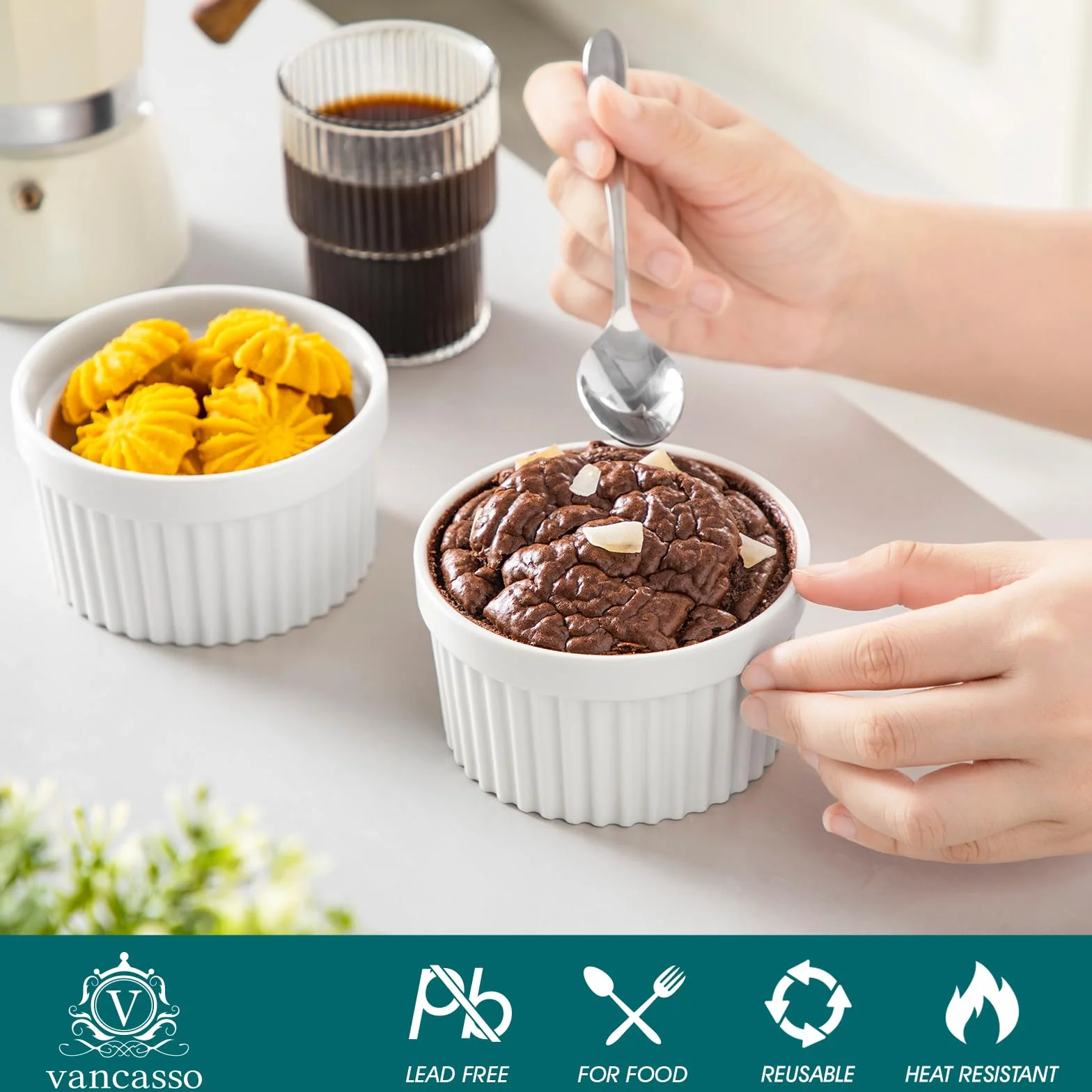 Vancasso Ramekiny z pokrywkami zestaw 6 sztuk 10,6 cm biała porcelana do pieczenia