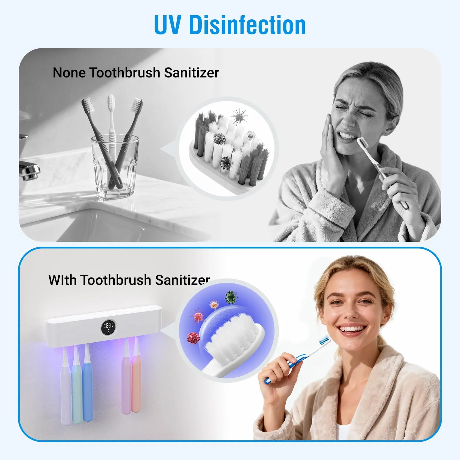 LifeBasis Sanitizer szczoteczka do zębów UV z wyświetlaczem na podczerwień, uchwyt na szczoteczki do zębów do dezynfekcji UV i suszenia, elektryczna szczoteczka do zębów do montażu na ścianie