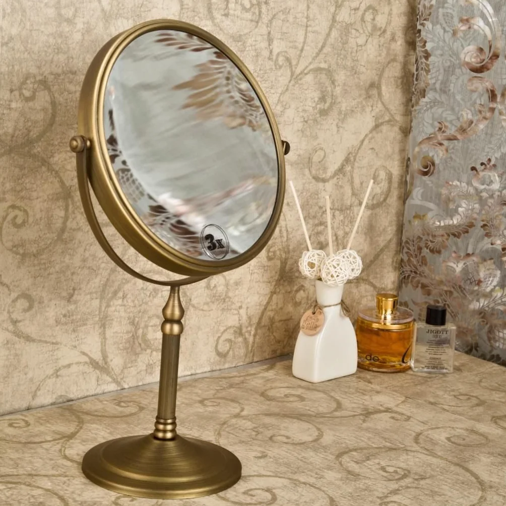 Weare Home Okrągłe lustro retro z mosiądzu, antyczne lusterko kosmetyczne, dwustronne, 3-krotne powiększenie, obracane o 360°, lusterko do makijażu do domu