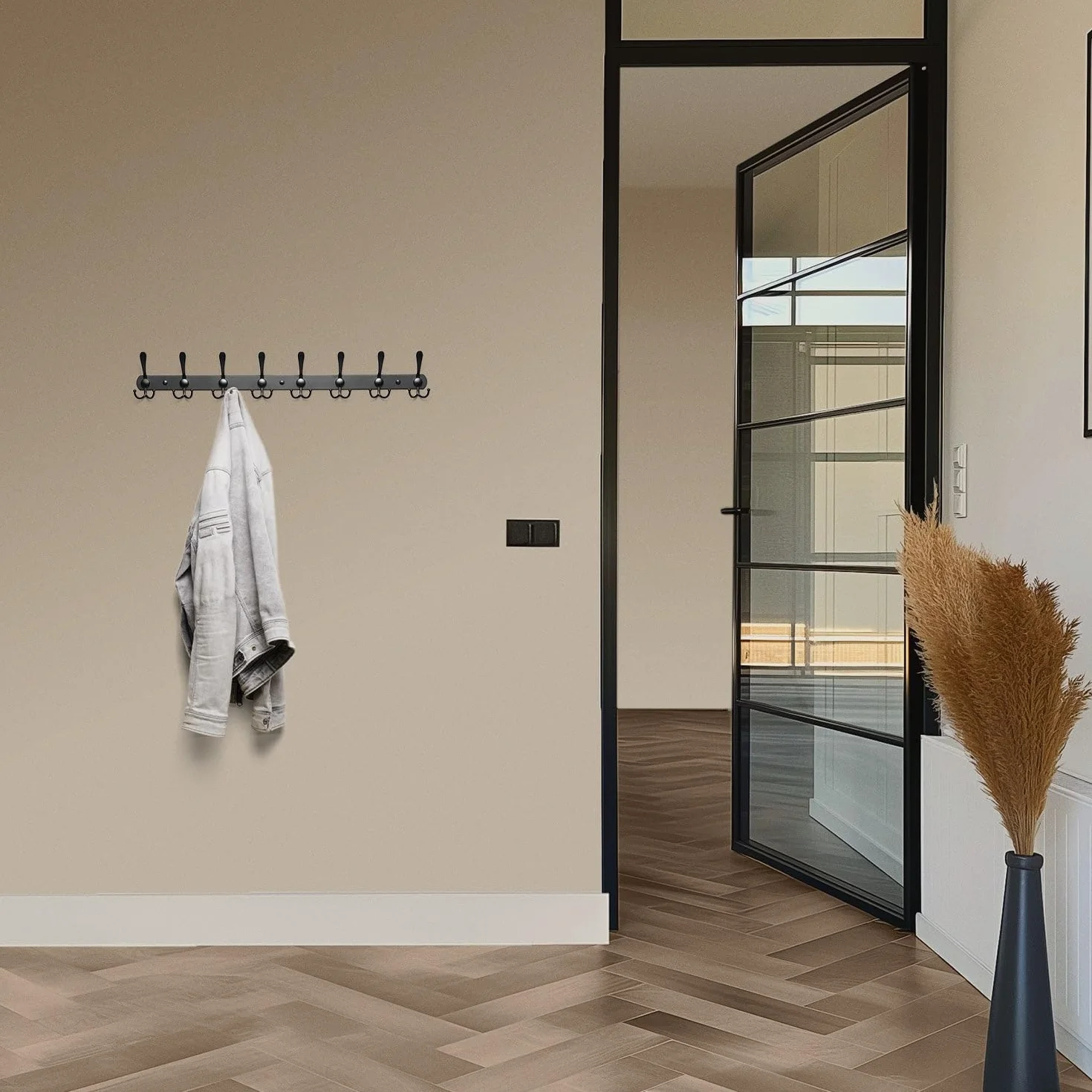 TOJ Living Garderoba ścienna - 75 CM - 24 haków - wieszak na ubrania - haczyk do szafy - wieszak na ubrania na ścianie - garderoba ścienna czarna - stal nierdzewna - czarny