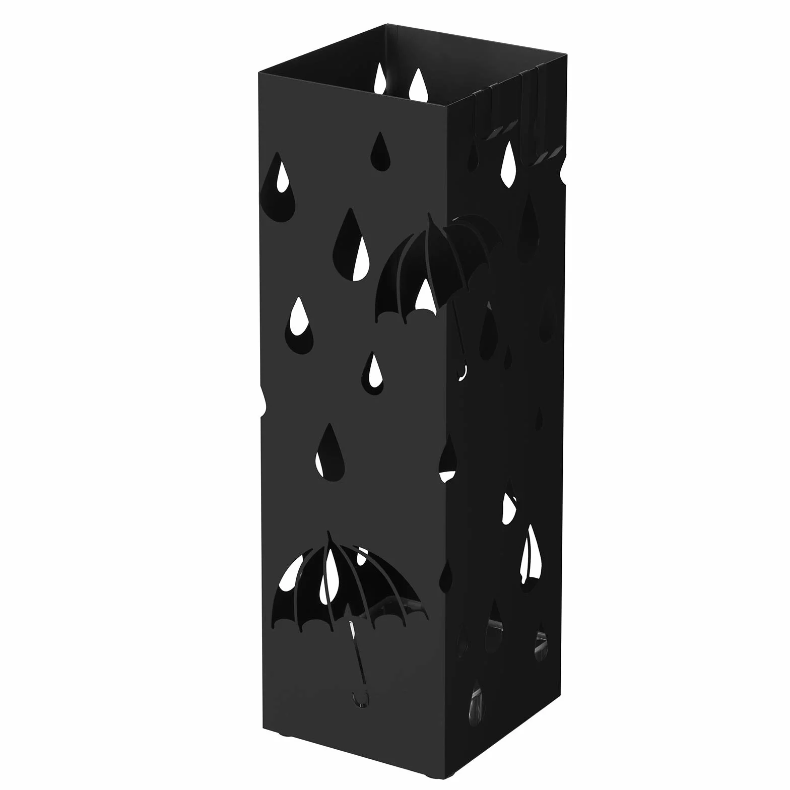 SONGMICS Stojak na parasole z metalu, kwadratowy stojak na parasol, miska na wodę wyjmowana, z haczykami, 15,5 x 15,5 x 49 cm, czarny LUC49B