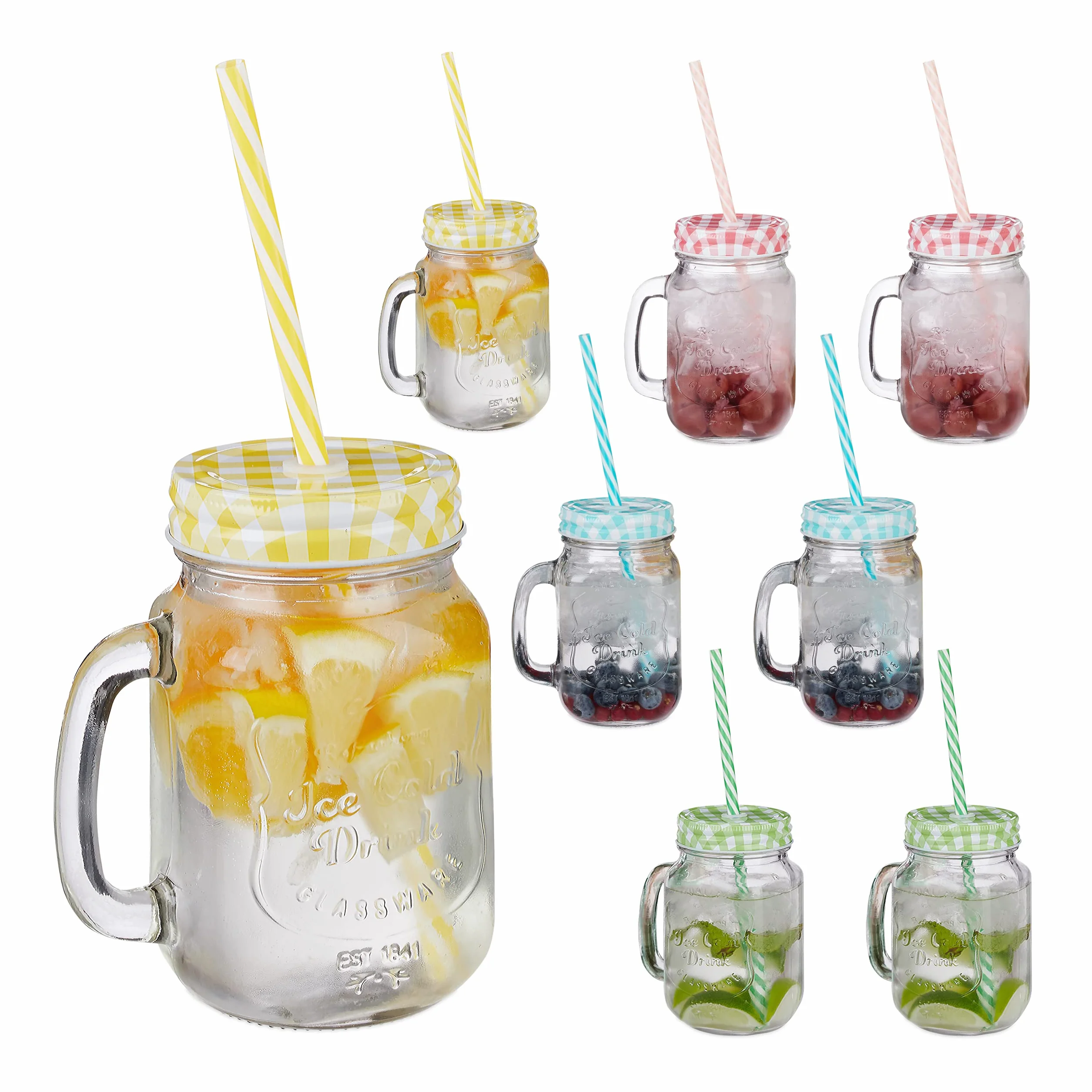 Relaxdays, Kolorowe szklanki do napojów ze słomką, zestaw 8 sztuk, 400 ml, gastronomiczne pokrywki z uchwytem, zestaw 8 sztuk (1 opakowanie)