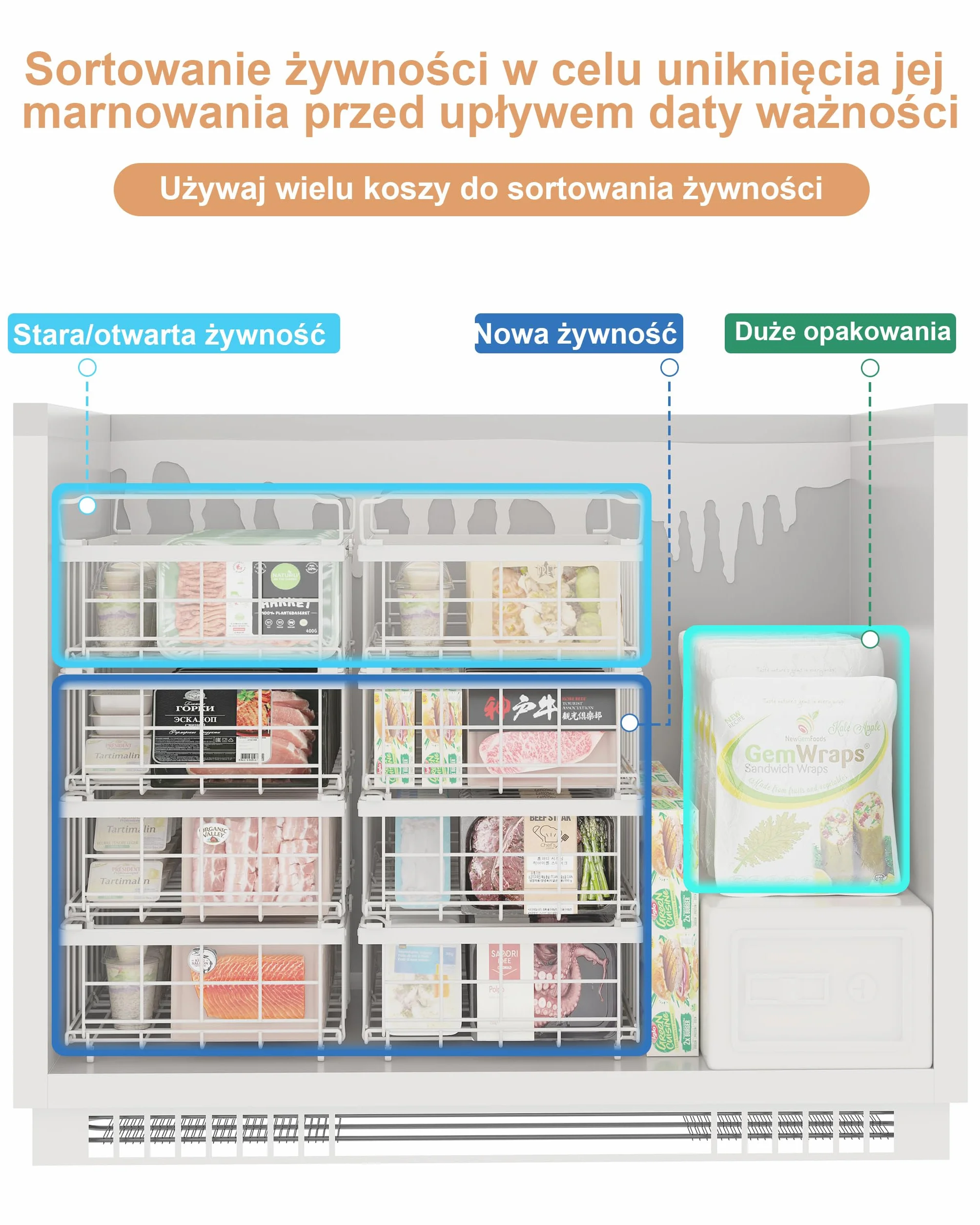 UMDONX 4 szt. Kosze do zamrażarki Biały - kosze do zamrażarki do zamrażarki o pojemności od 283 do 566 l, z możliwością przedłużenia (29-45x30x15 cm)