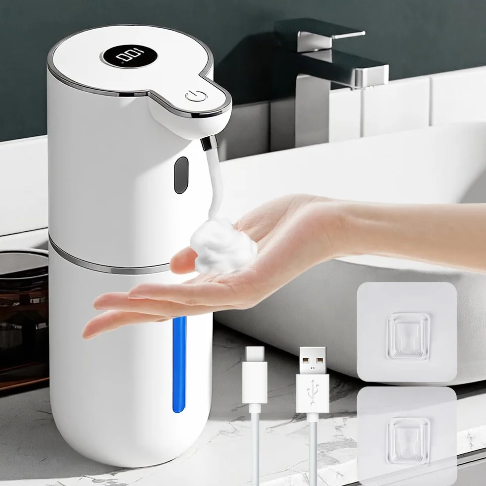 Vicloon Automatyczny dozownik mydła, dozownik mydła 380 ml, dozownik mydła w pianie, USB wielokrotnego napełniania ścienny dozownik mydła z czujnikiem podczerwieni, wodoodporny IPX5, do łazienek