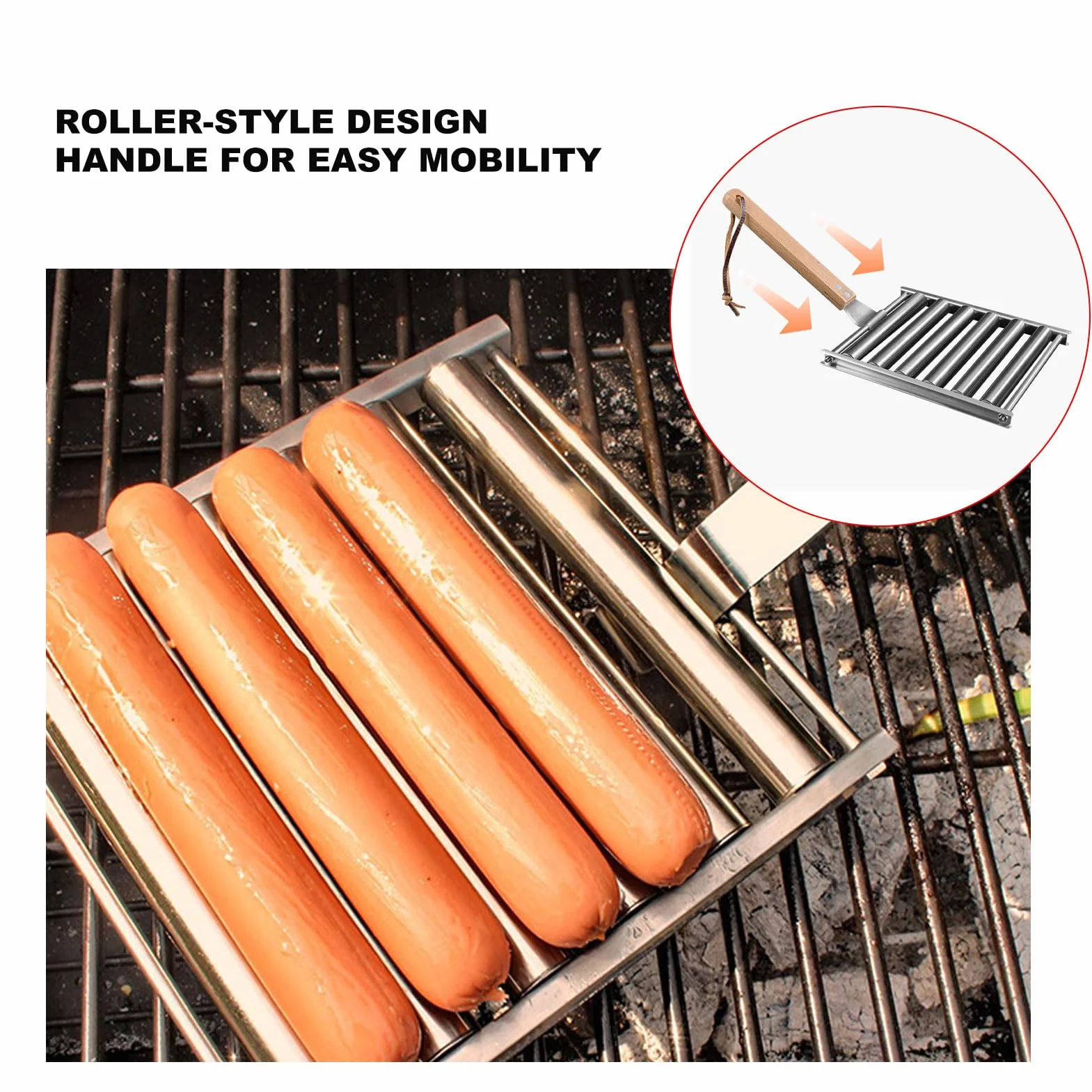Hot Dog Roller dla Girll, Odłączany Stojak na Kiełbaski Hot Dog ze Stali Nierdzewnej z Bardzo długą drewnianą rączką BBQ Hot Dog Girller do Równomiernego Gotowania (M)