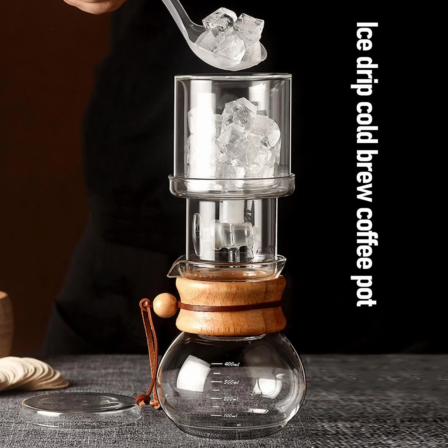 AUNMAS Ekspres do Kawy Mrożonej Ice Cold Brew Dripper, 400 Ml, Przezroczysty Szklany Ekspres do Kawy Mrożonej Cold Brew Drip Tower z Papierowymi Filtrami do Domu, Biura, Kawiarni,