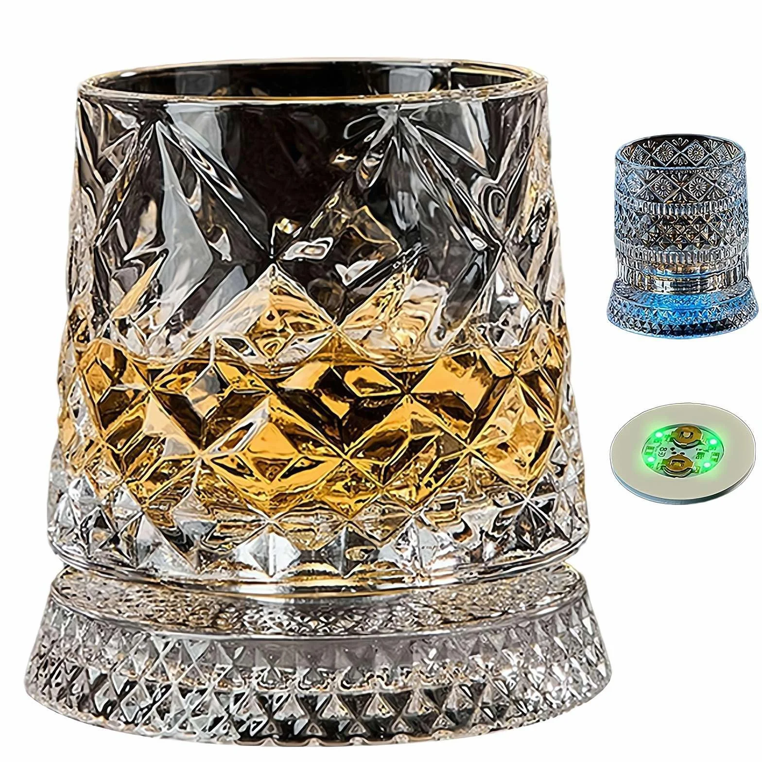 Obrotowa o 360° szklanka do whisky ze stabilną, odłączoną podstawką, wirujące kryształowe szklanki do whisky z podświetlaną podstawką, odprężający kubek do picia, prezent urodzinowy, walentynkowy dla