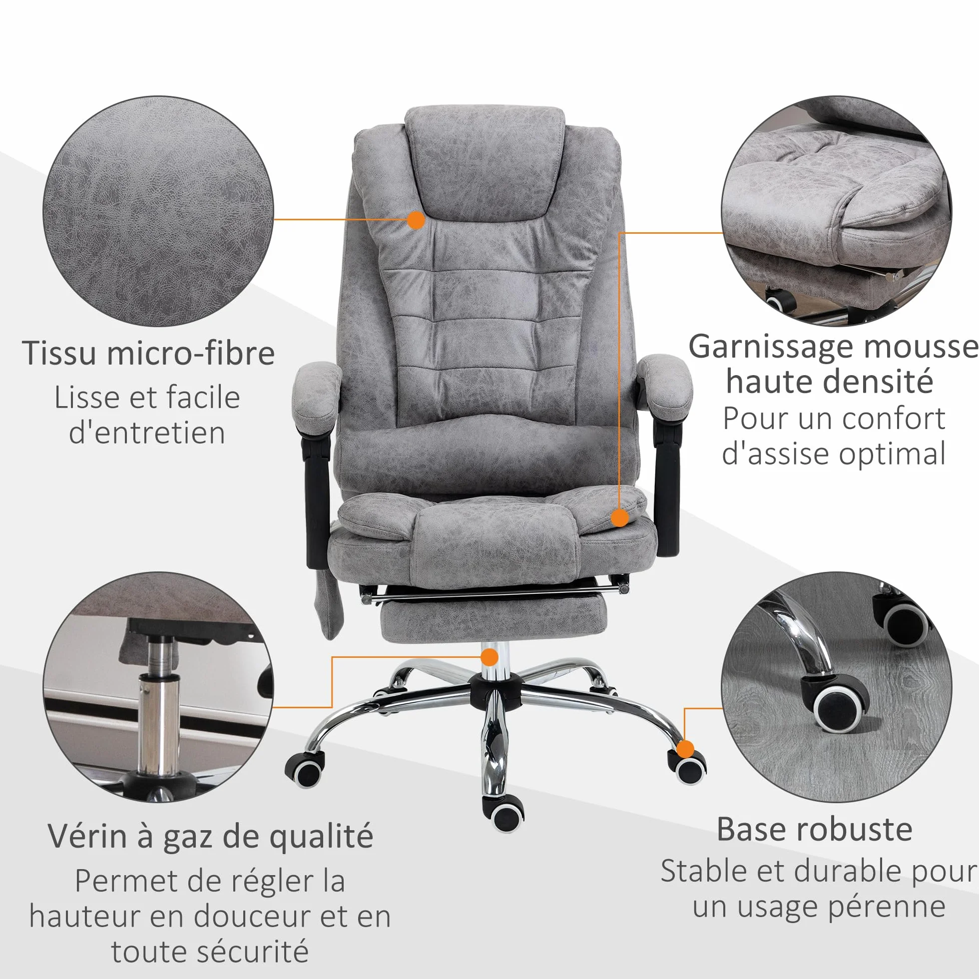 Vinsetto Fotel biurowy do masażu i ogrzewania, ergonomiczne krzesło biurowe z regulacją wysokości, odchylane oparcie, podnóżek, pilot przewodowy, obrotowy 360°, tkanina z mikrofibry, szary