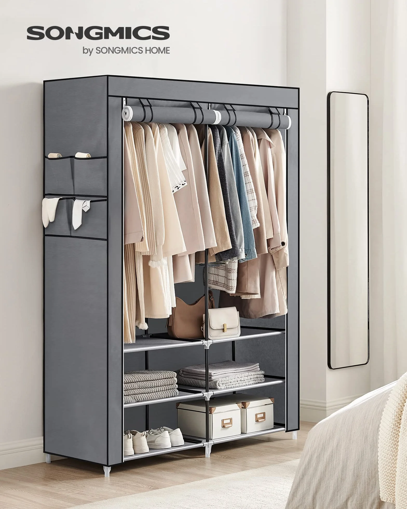 SONGMICS Szafa z materiału, szafa na ubrania, 45 x 127 x 176 cm, 2 półki wiszące, z półkami, 4 kieszenie boczne, dużo miejsca, do sypialni, salonu, szara RYG008G02