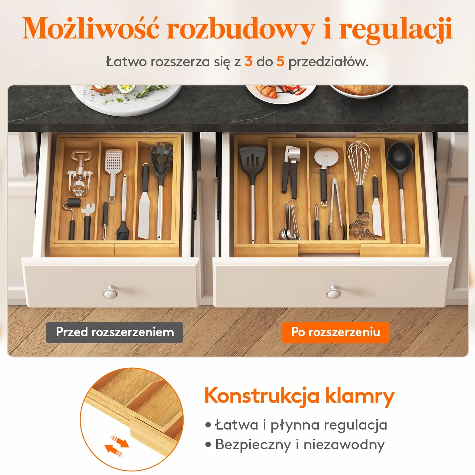 Lifewit Organizer do szuflad na przybory, rozszerzalna duża taca na sztućce do kuchni, bambusowy uchwyt na sztućce, drewniana regulowana szpatułka kuchenna narzędzia i gadżety przegroda do